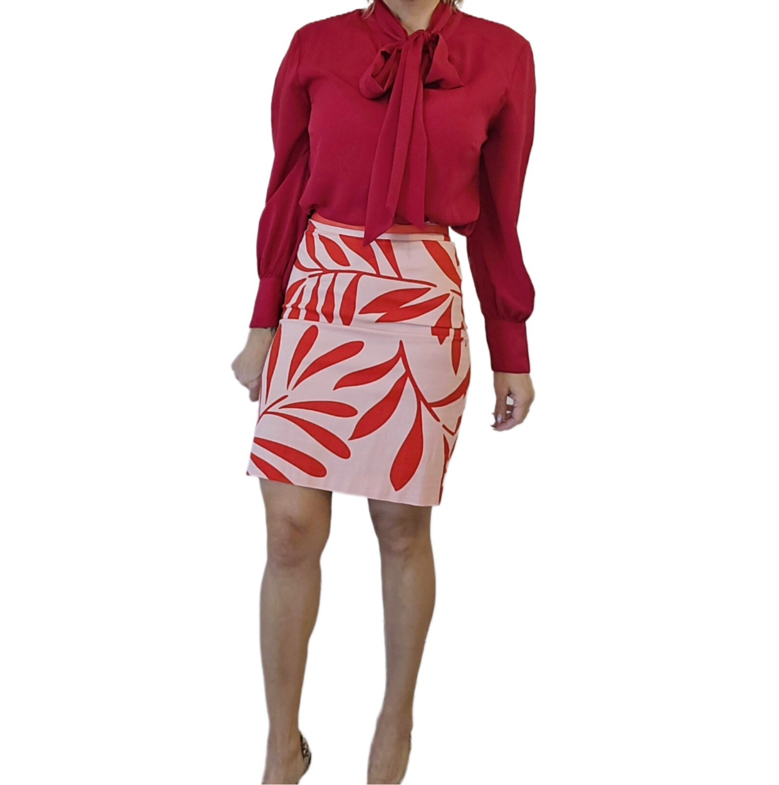 Boden Women's Pink/Red Floral Print Cotton Pencil Skirt, Lined, Size 4