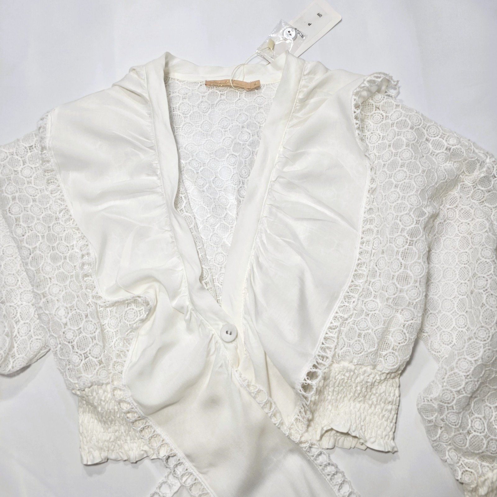 HUSH Women’s Off White Lace Ruffle Boho Cropped Blouse Long Sleeve Sz S