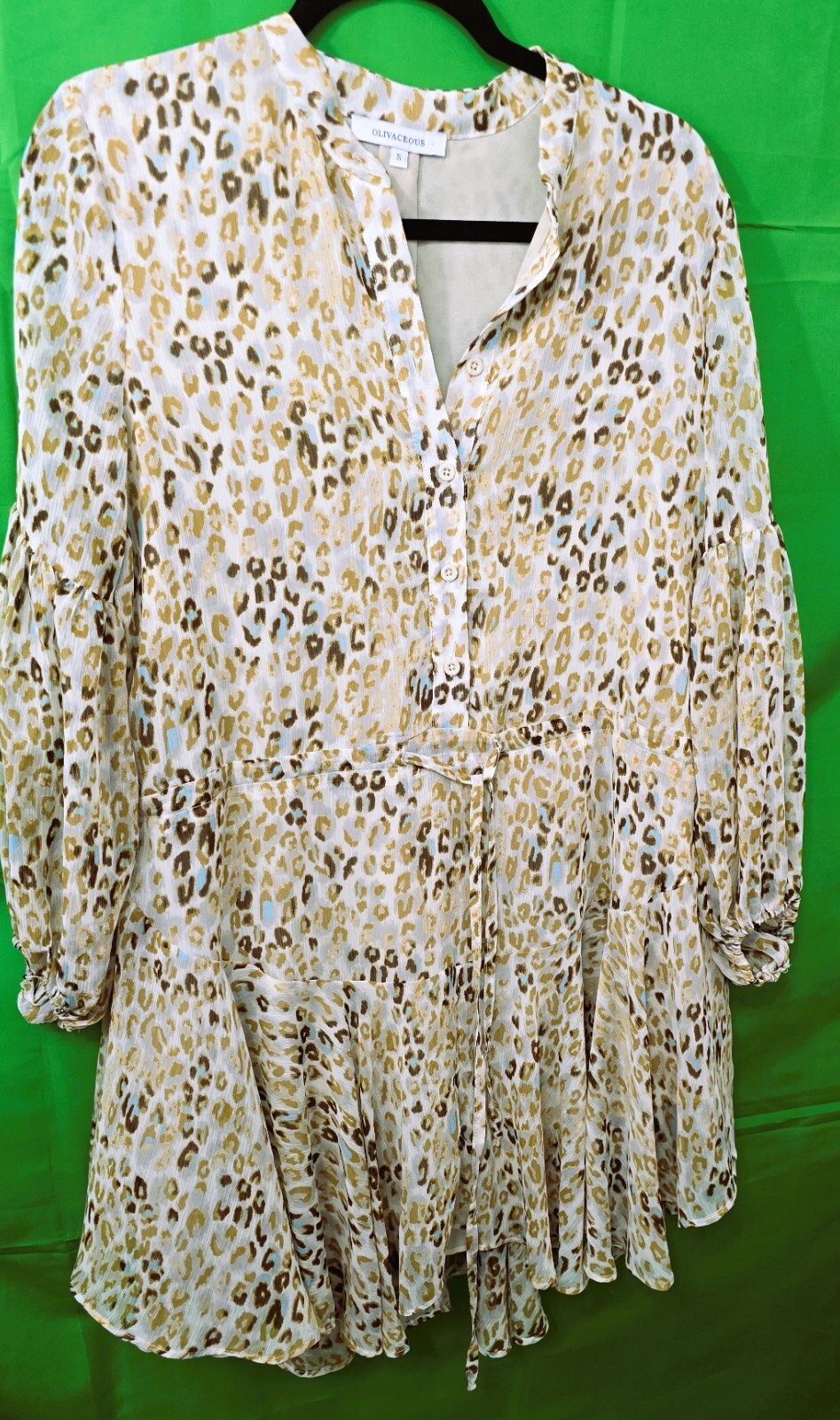 Olivaceous Women's Long Sleeve Dress (Size S): Leopard Printed Tunic V-Neck Mini