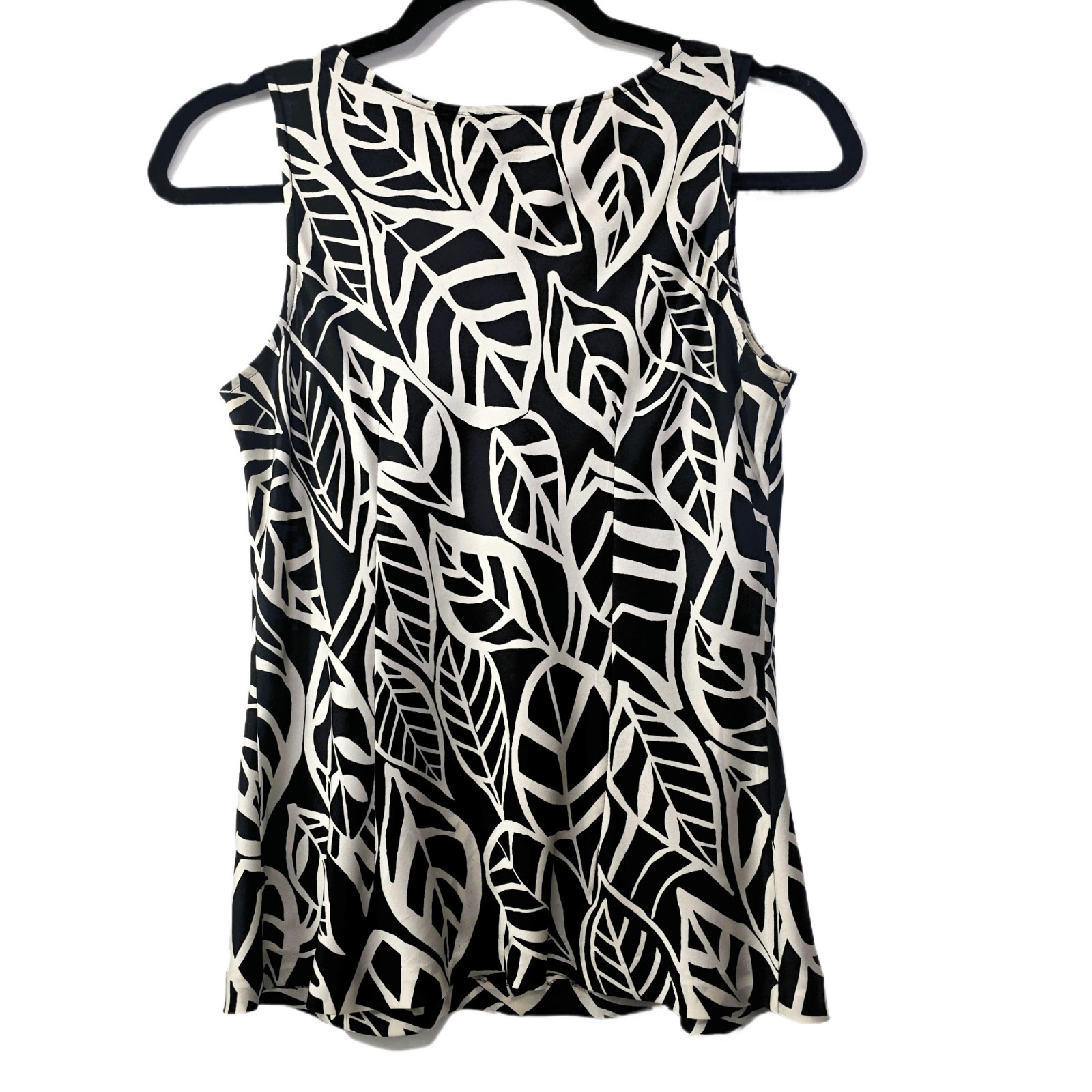 Talbots Vintage Pure Silk Cowl Neck Black White Leaf Print Sleeveless Blouse 6P