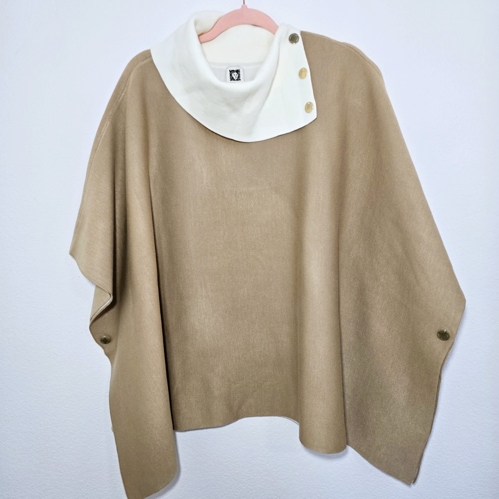 Anne Klein Double Face Poncho Sweater Size L Tan Cream Split Collar