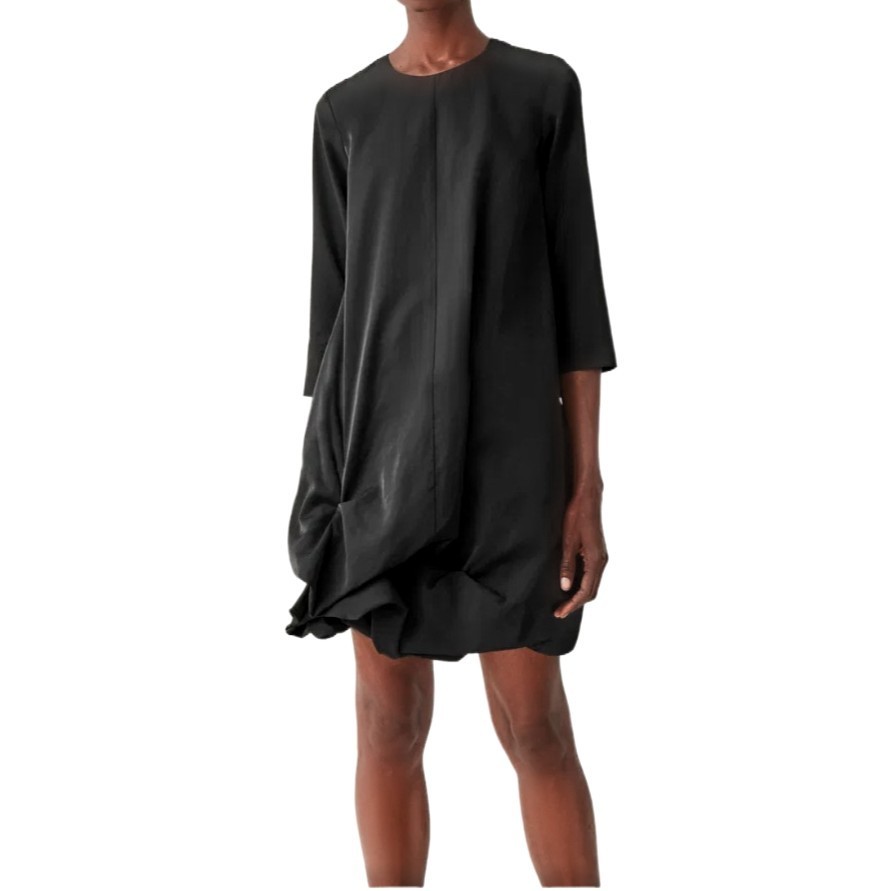 COS Women's Black Asymmetric Gathered Hem Long Sleeve Dress Size 8 Modal