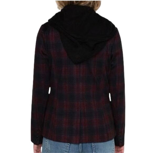 Liverpool LA Burgundy Plaid Boyfriend Blazer Size S with Removable Hoodie