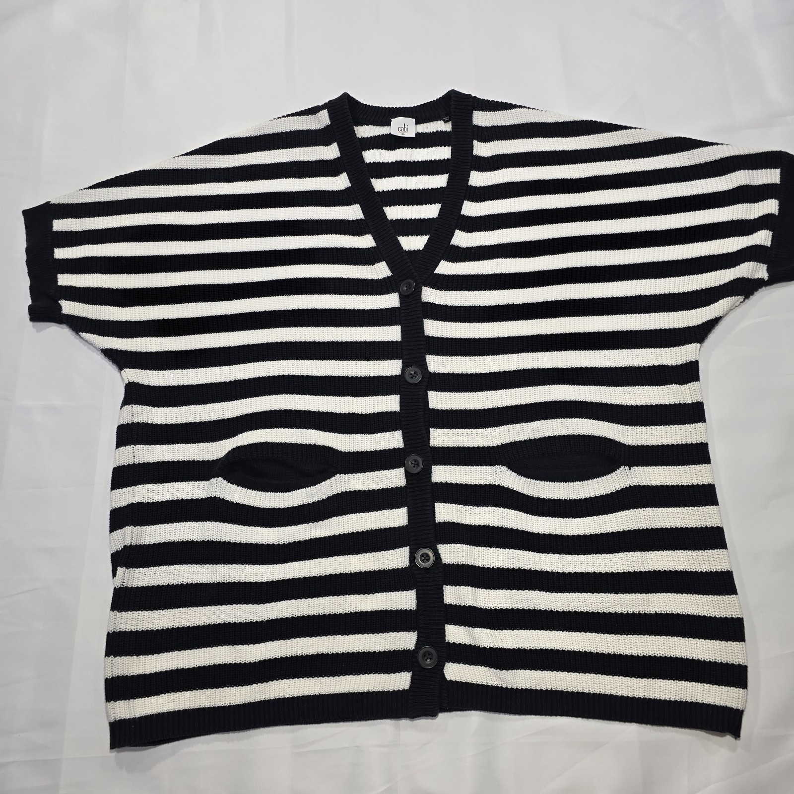 Cabi Whistle Striped Longline Short-Sleeve Cardigan XL with Pockets