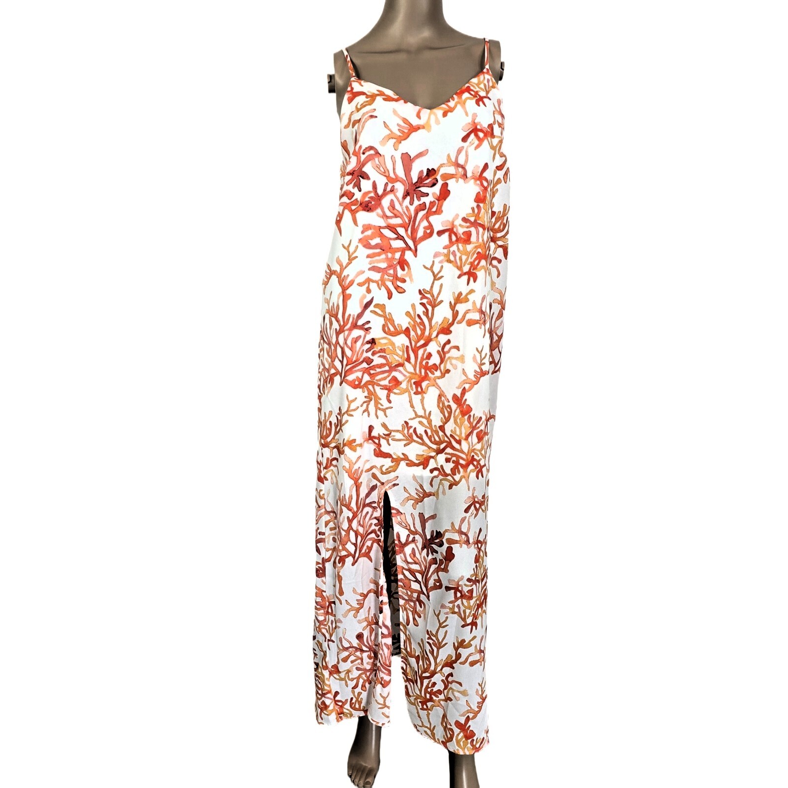 C&E Women's S Maxi Summer Dress Coral Print White Slit Lined Lightweight