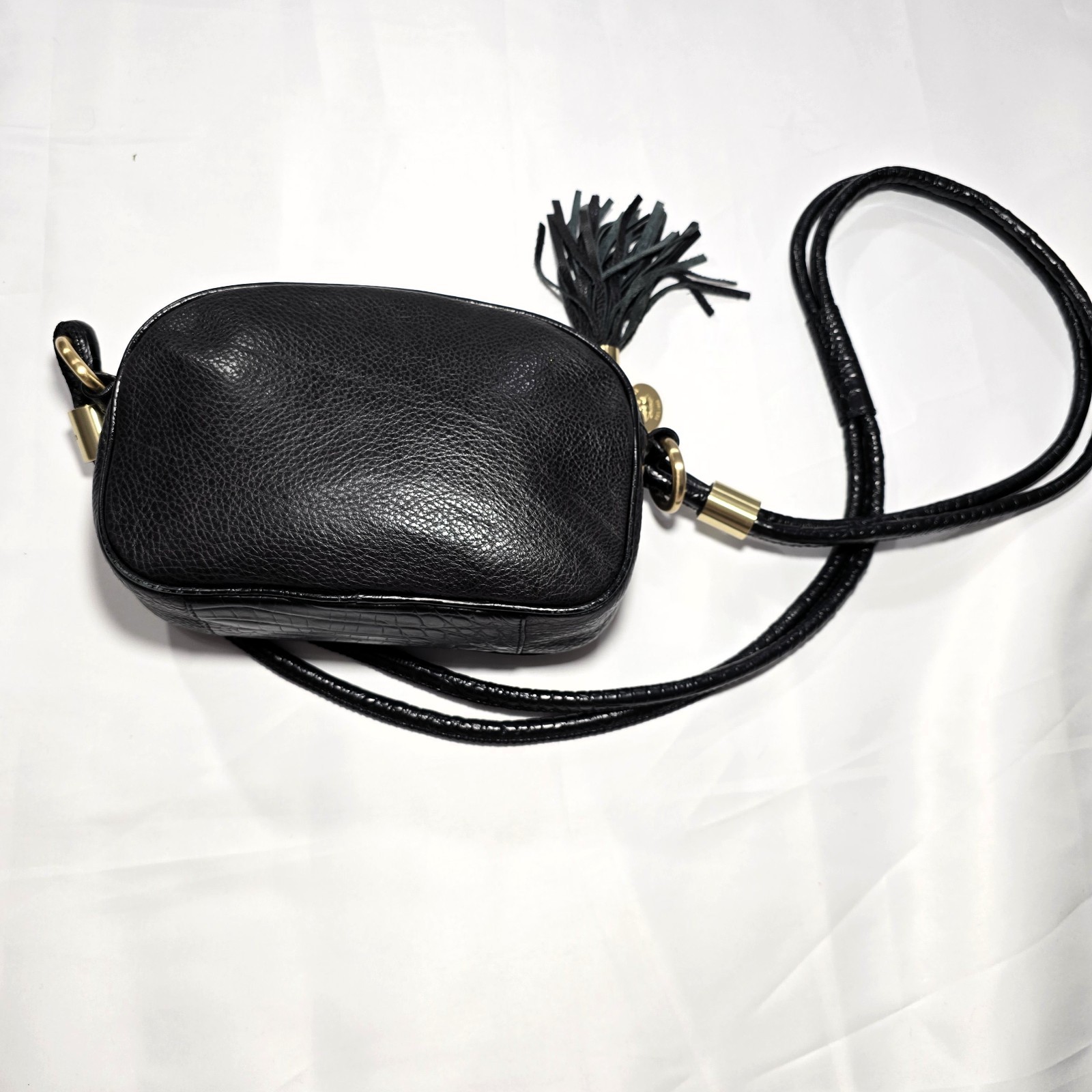 Brahmin Black Leather Multi-Texture Crossbody Bag, Gold Hardware, Key Clip
