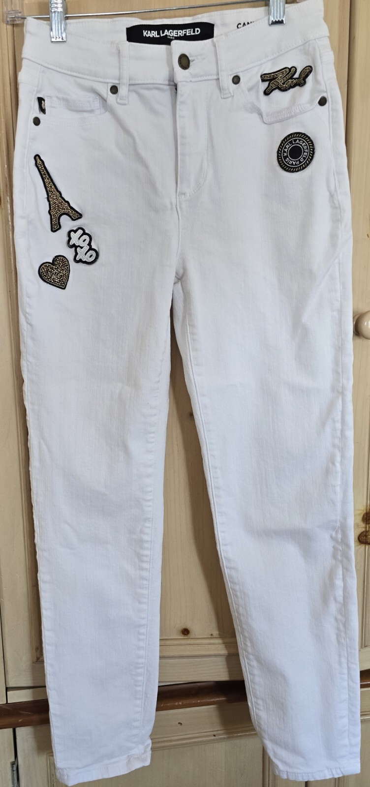 Karl Lagerfeld High-Rise Straight Leg Jeans – Luxe White Denim with Logo Patch.