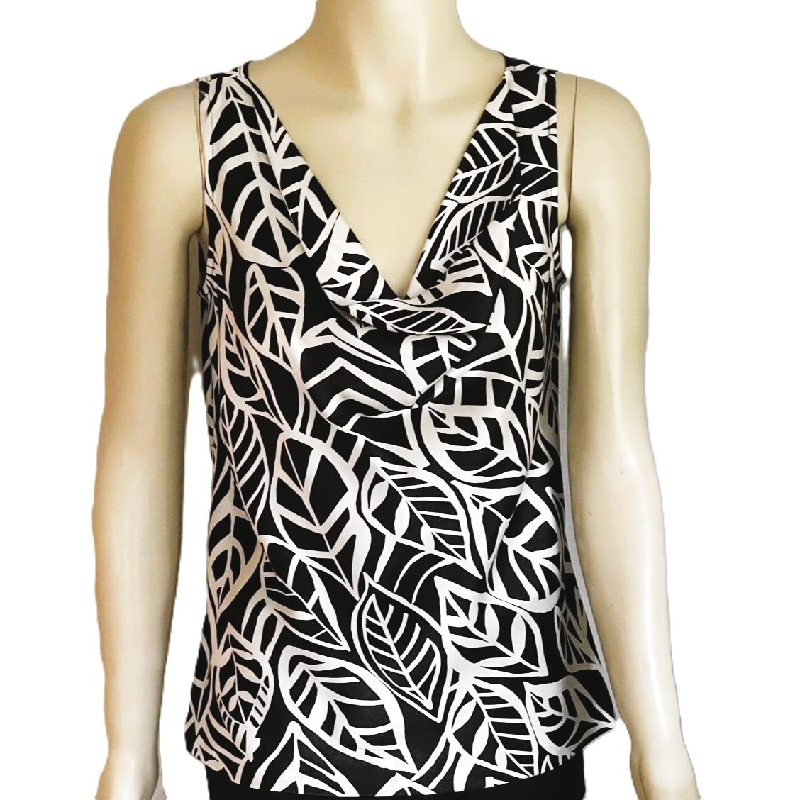 Talbots Vintage Pure Silk Cowl Neck Black White Leaf Print Sleeveless Blouse 6P