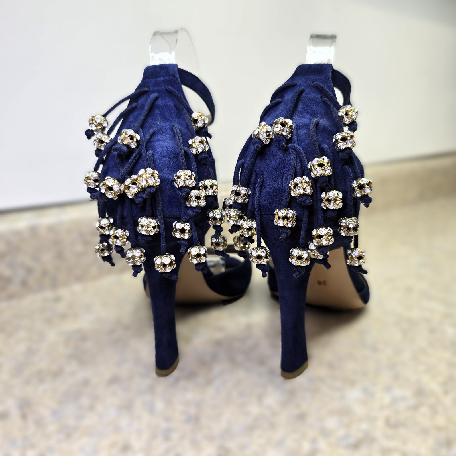 BCBG MAXAZRIA Women’s Size 8 Suede Heeled Sandals with Rhinestone Accents