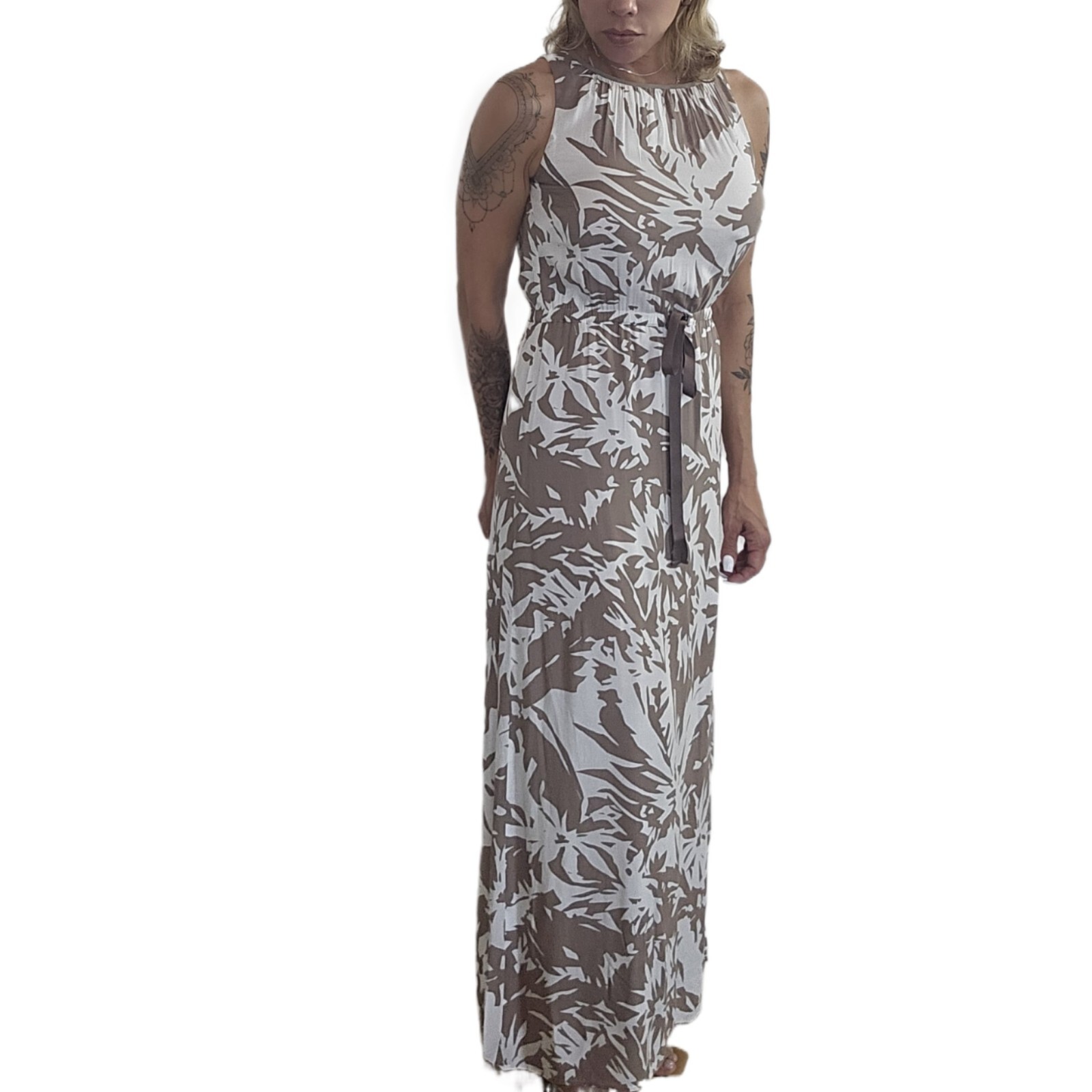 LOFT Women’s Brown White Floral Maxi Dress Sz 2 Sleeveless Tie Waist