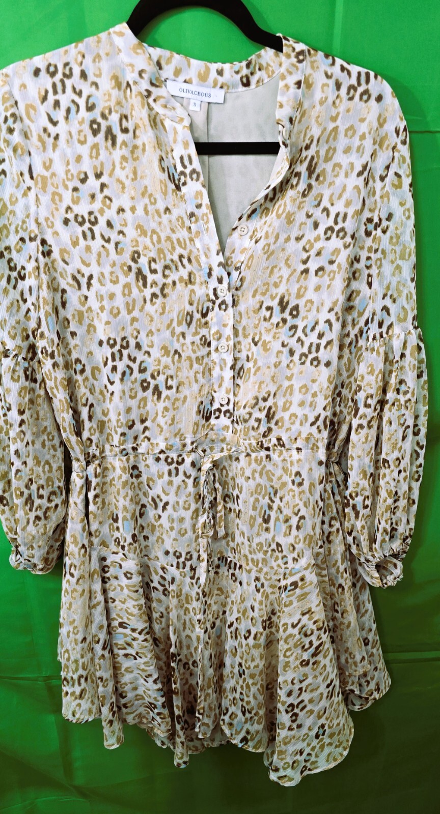Olivaceous Women's Long Sleeve Dress (Size S): Leopard Printed Tunic V-Neck Mini