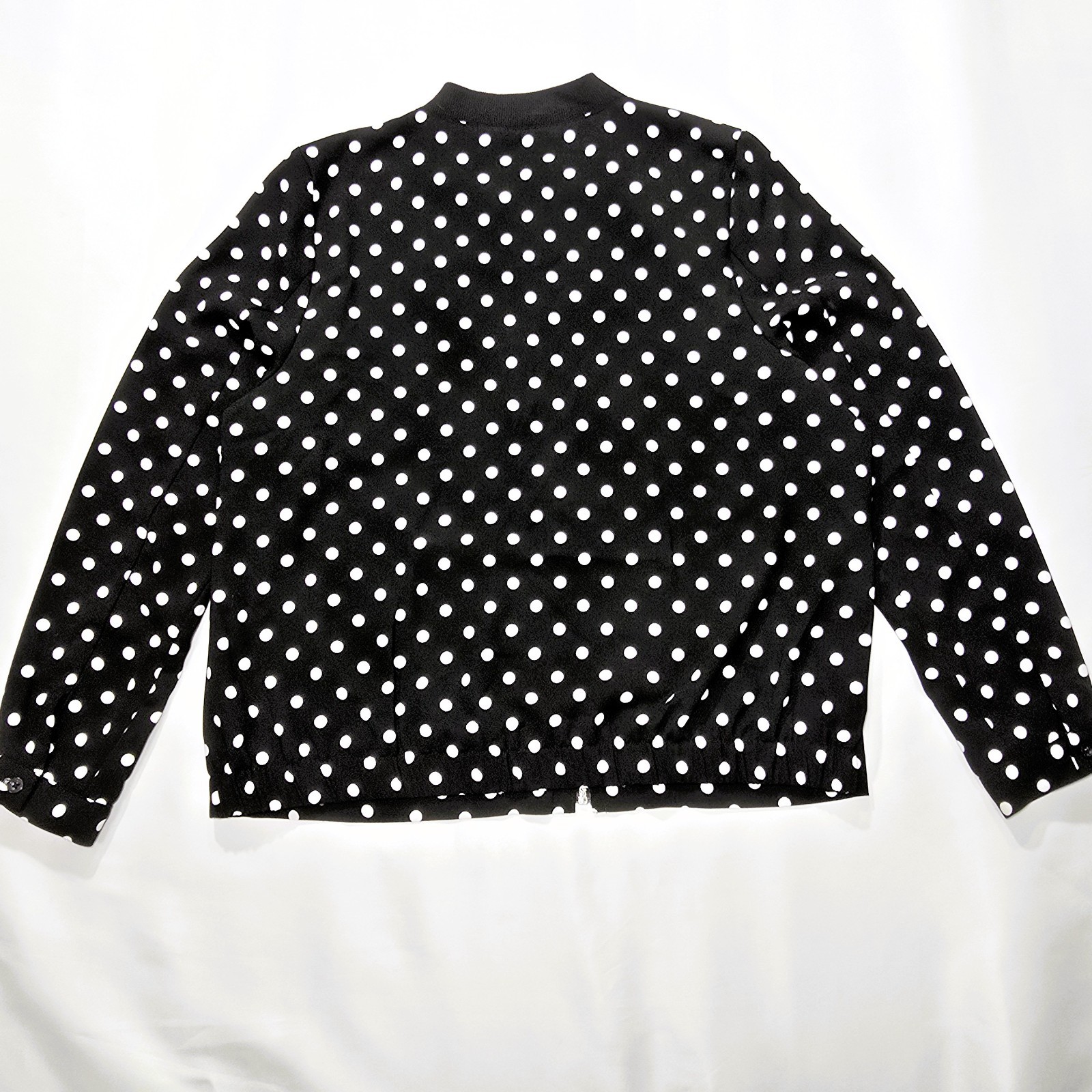 ELLE Womens Black White Polka Dot Bomber Jacket Medium Full Zip Pockets Lined