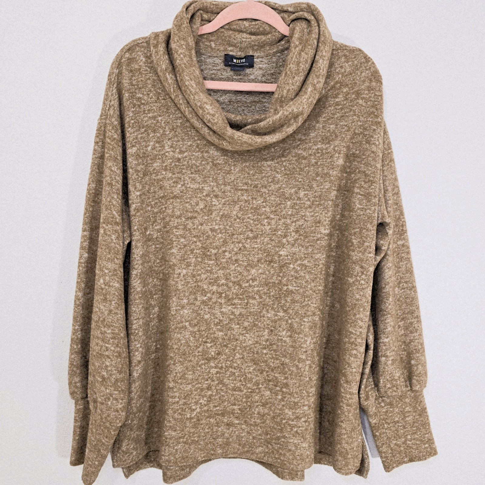 Maeve Anthropologie Soft Knit Cowl Neck Sweater Tan Bishop Sleeve Size L
