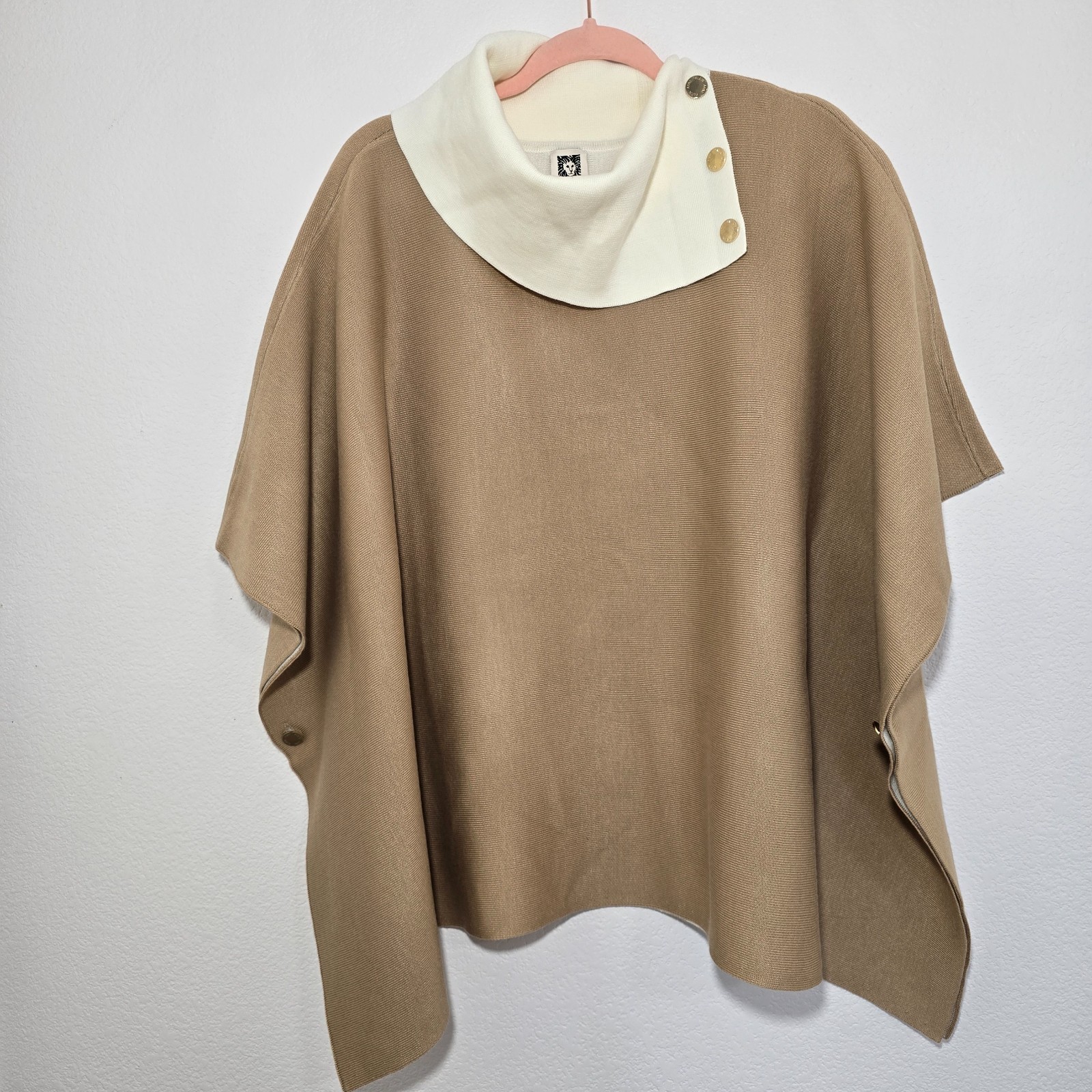 Anne Klein Double Face Poncho Sweater Size L Tan Cream Split Collar
