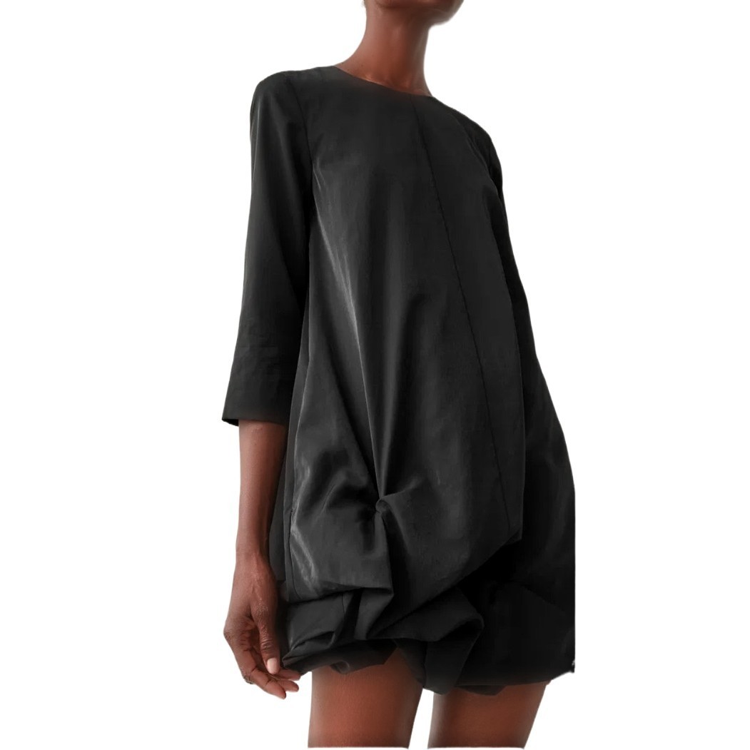 COS Women's Black Asymmetric Gathered Hem Long Sleeve Dress Size 8 Modal
