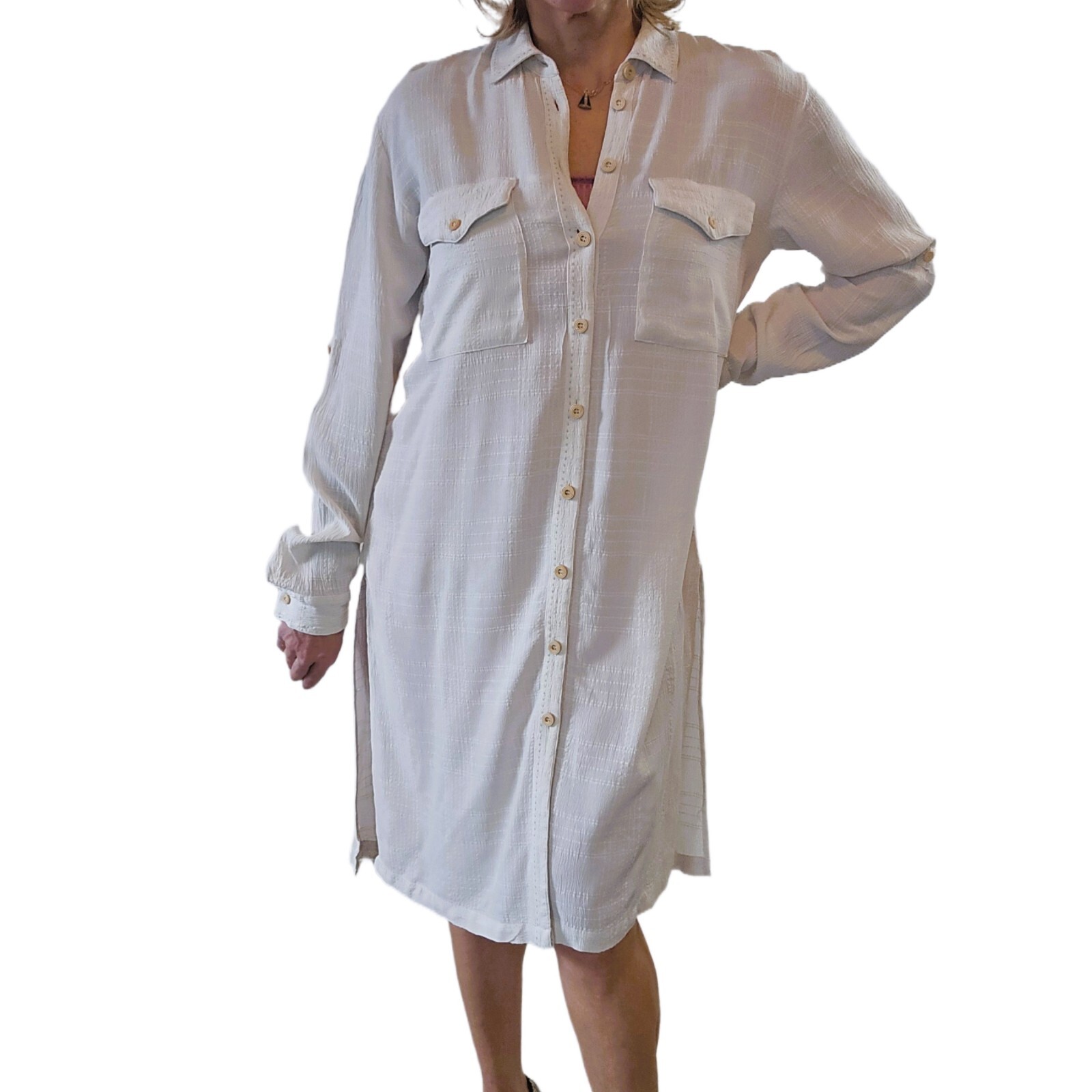 Free People Ivory Button-Down Oversized Maxi Shirt Dress – Size S