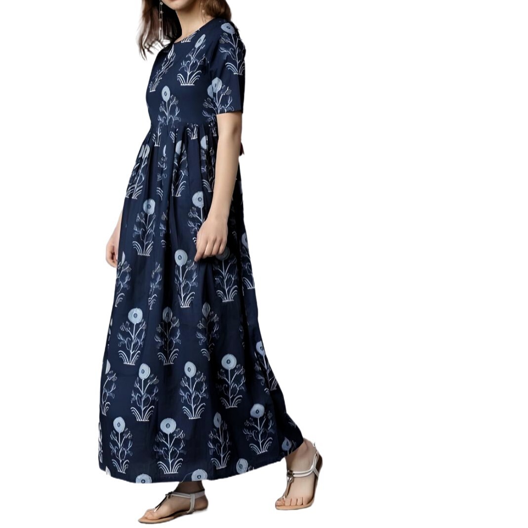 Vishudh Women’s Printed Ankle-Length Aline Dress, Blue, Size S