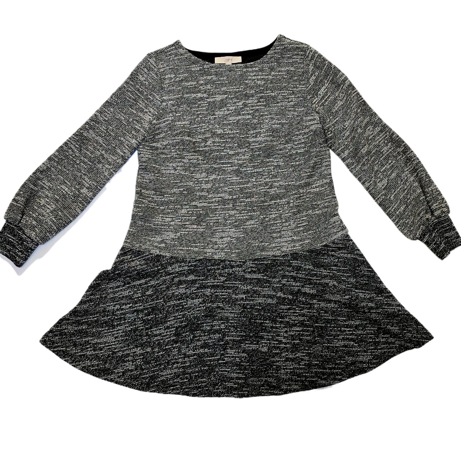 LOFT Women's Metallic Gray Sweater Dress, Medium, Balloon Sleeve, Fit & Flare