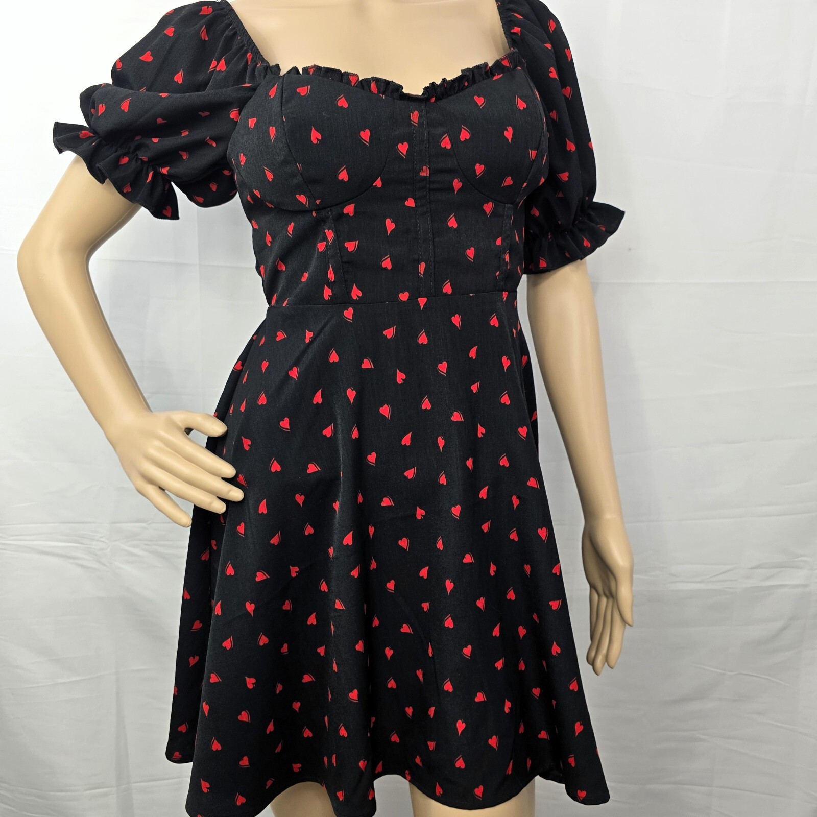 Inspired Hearts Women's Black Puff Sleeve Dress S Red Heart Print