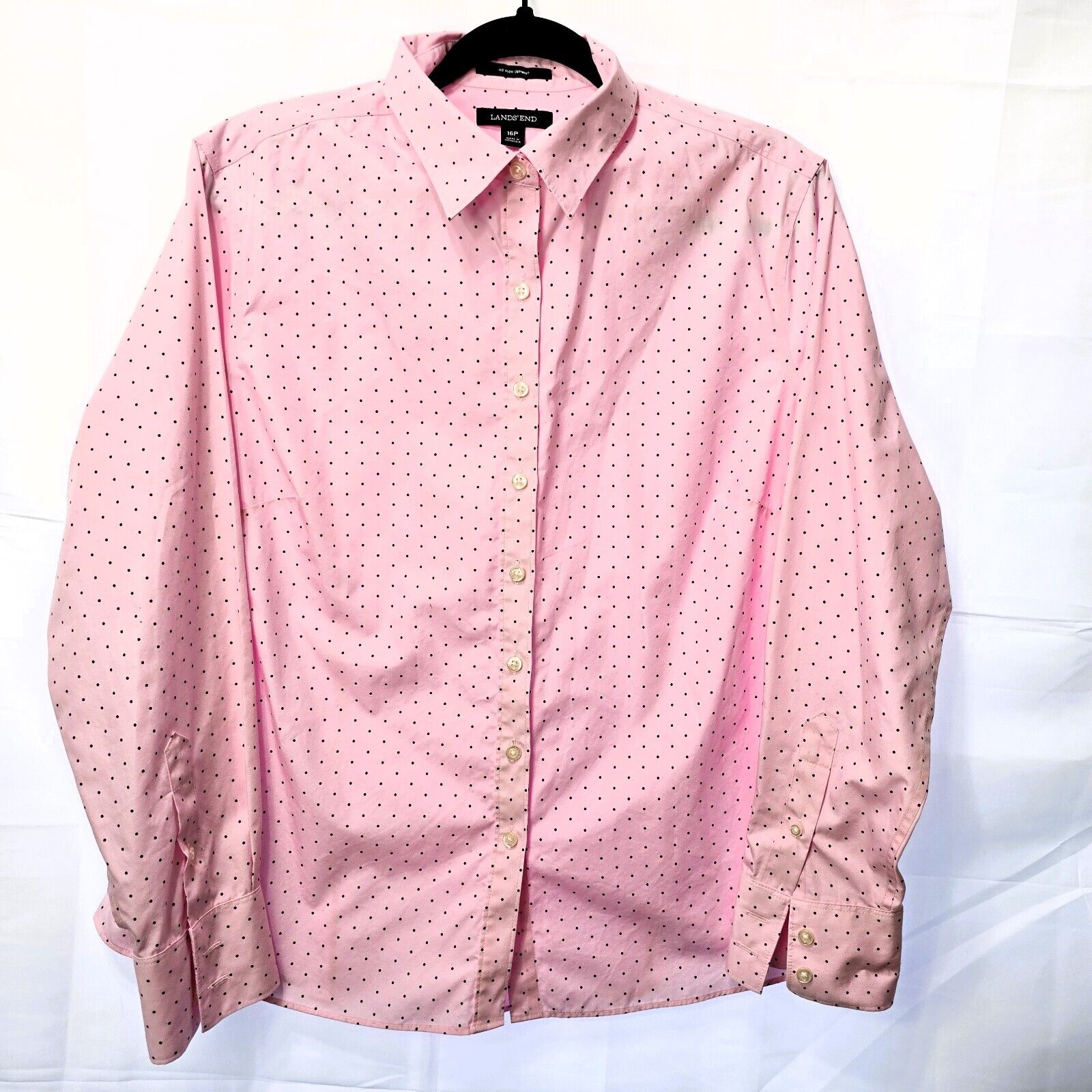 Lands' End Women's No Iron Shirt – Pink/Brown Polka Dots – Size 16P
