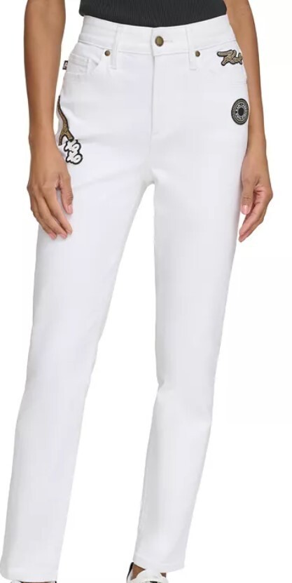 Karl Lagerfeld High-Rise Straight Leg Jeans – Luxe White Denim with Logo Patch.