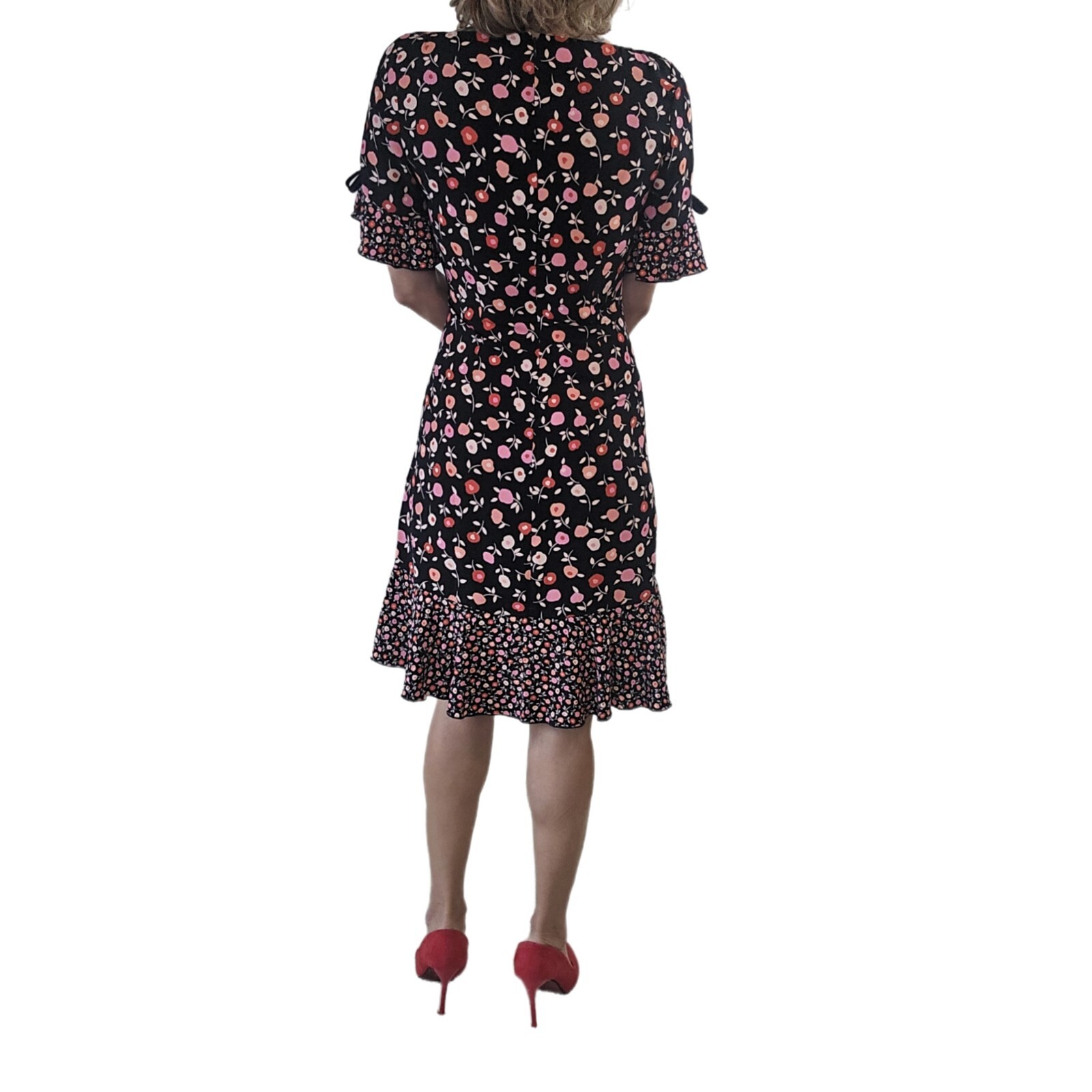 Talbots Women’s Floral Jewel Neck Shift Dress – Black with Ruffle Hem | Size 6