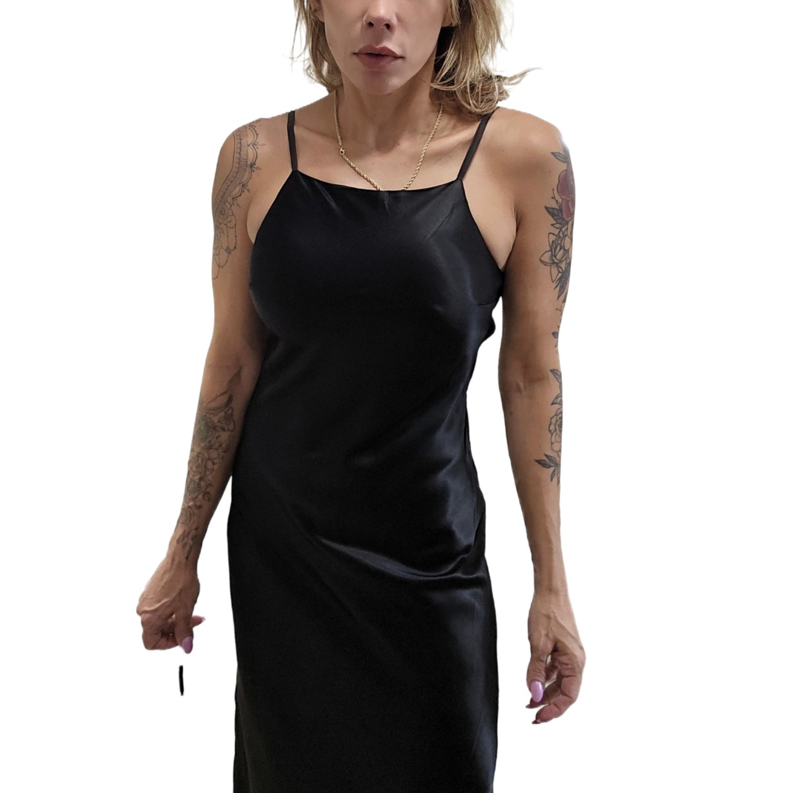 Roberta Vintage 1990s Black Satin Slip Dress Gown 5/6 Beaded Sheer Back