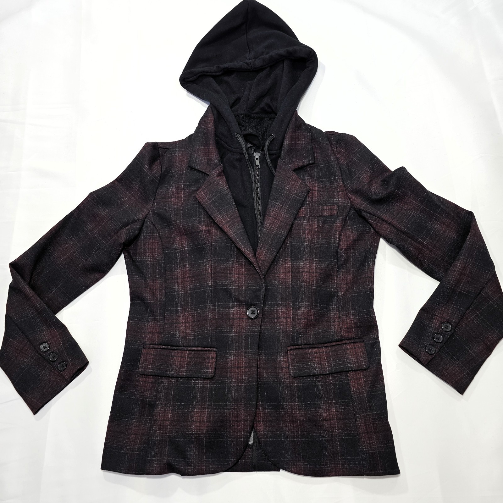 Liverpool LA Burgundy Plaid Boyfriend Blazer Size S with Removable Hoodie