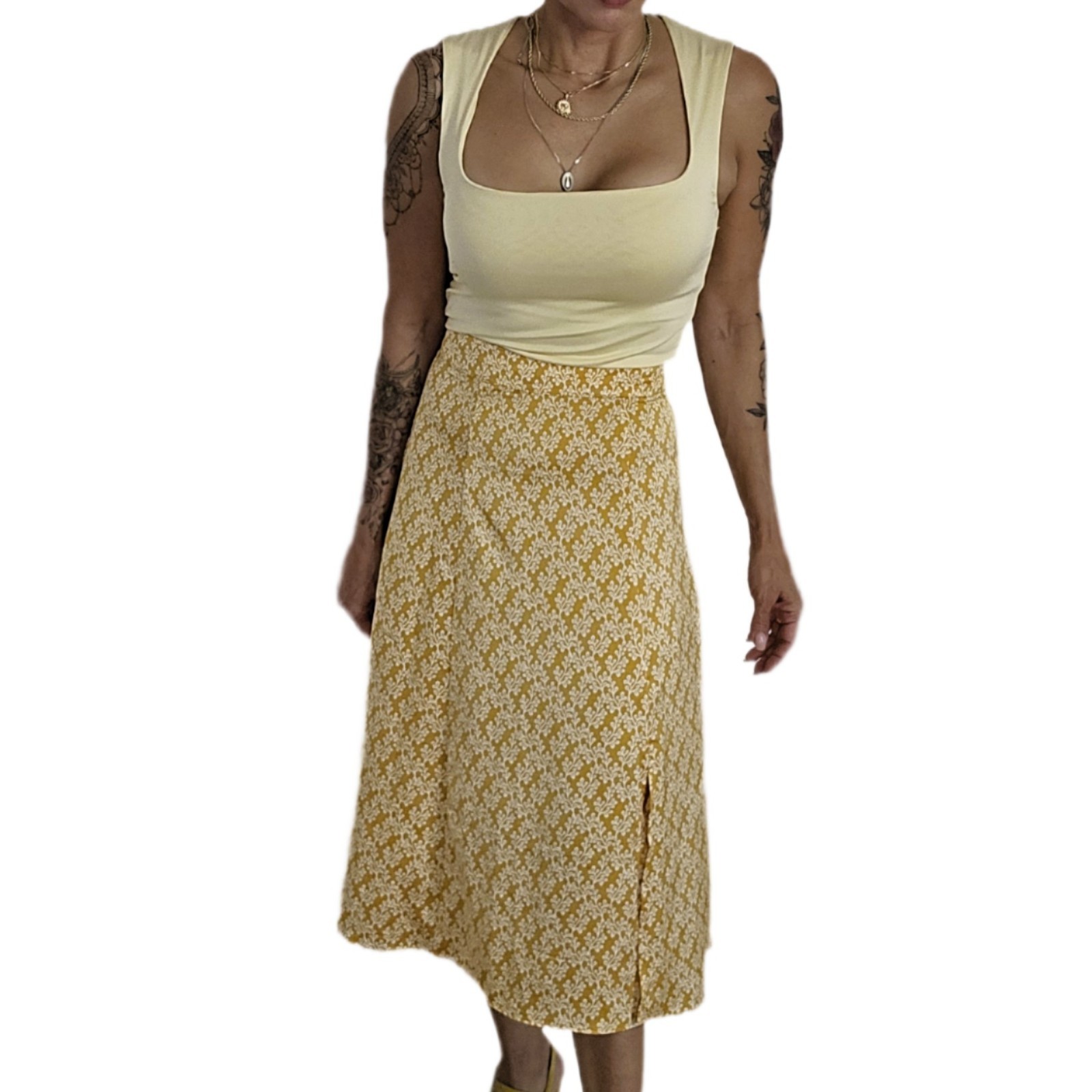 LOFT Gold Floral Satin Midi Skirt Size 0 A-Line Front Slit Yellow White Floral