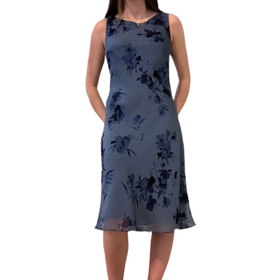 Ann Taylor Women's Blue Floral Midi Dress Size 10P Vintage Made in Korea