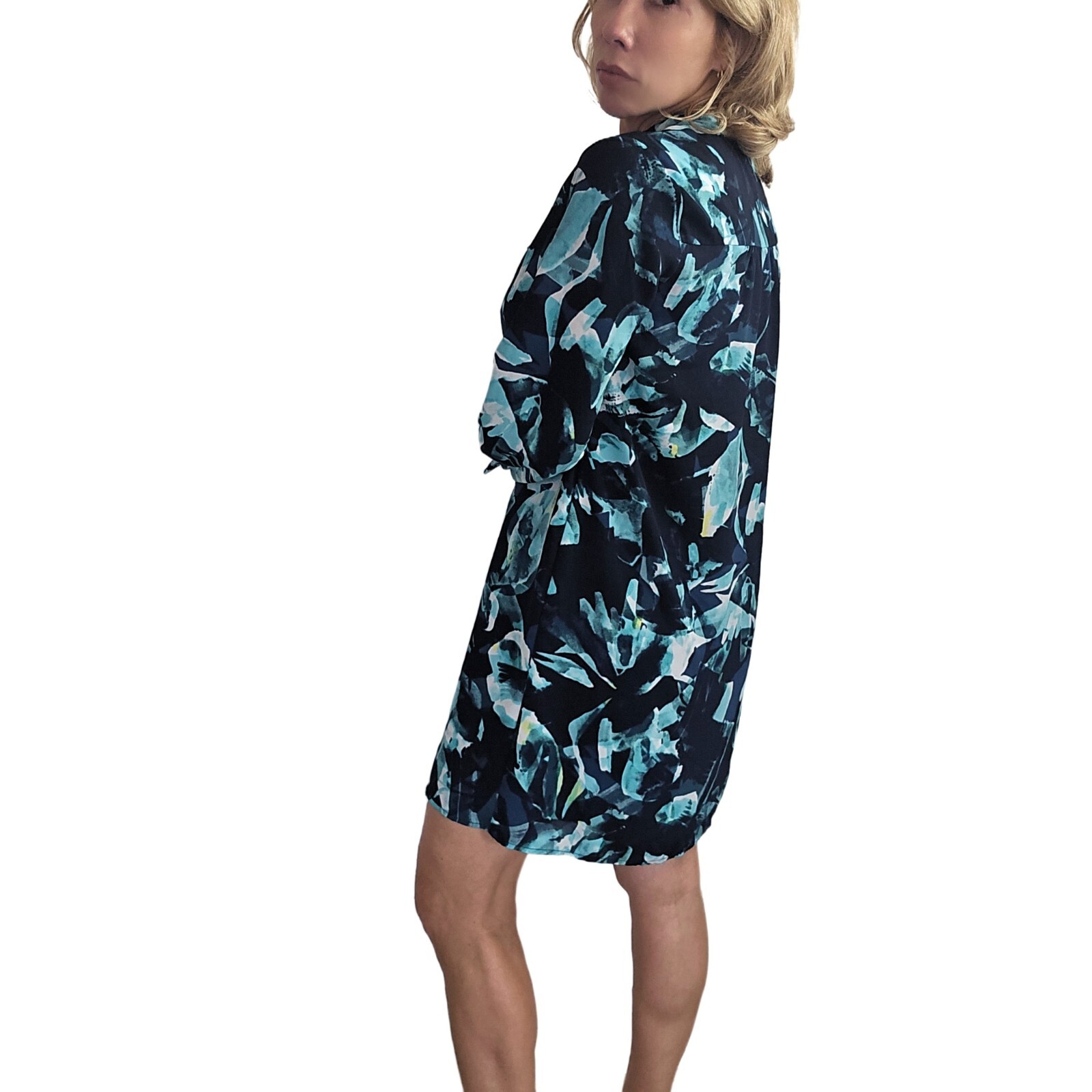 Cupio Tie Neck Abstract Dress Size S Long Sleeve Lined Blue Shift Style