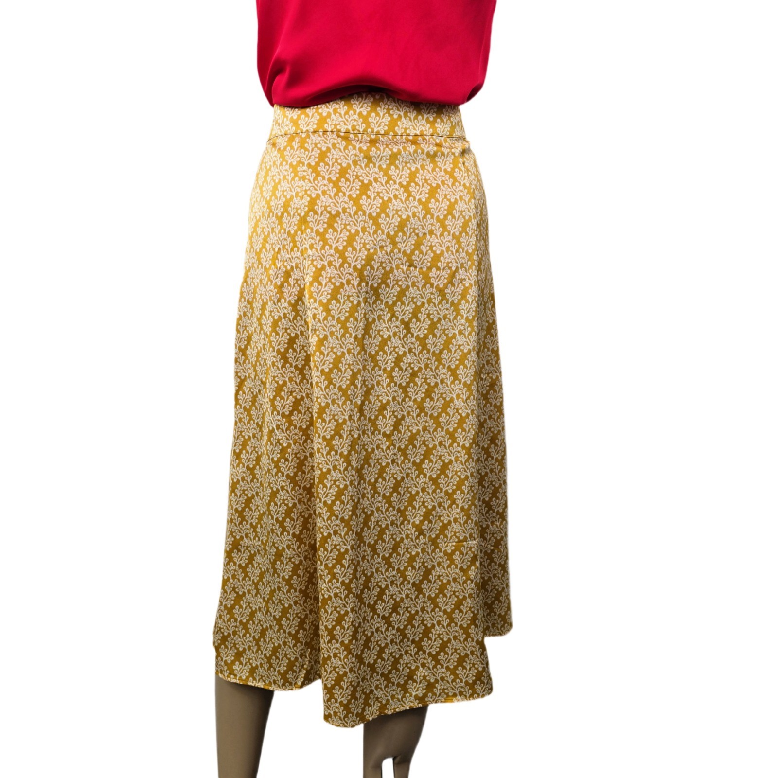 LOFT Gold Floral Satin Midi Skirt Size 0 A-Line Front Slit Yellow White Floral
