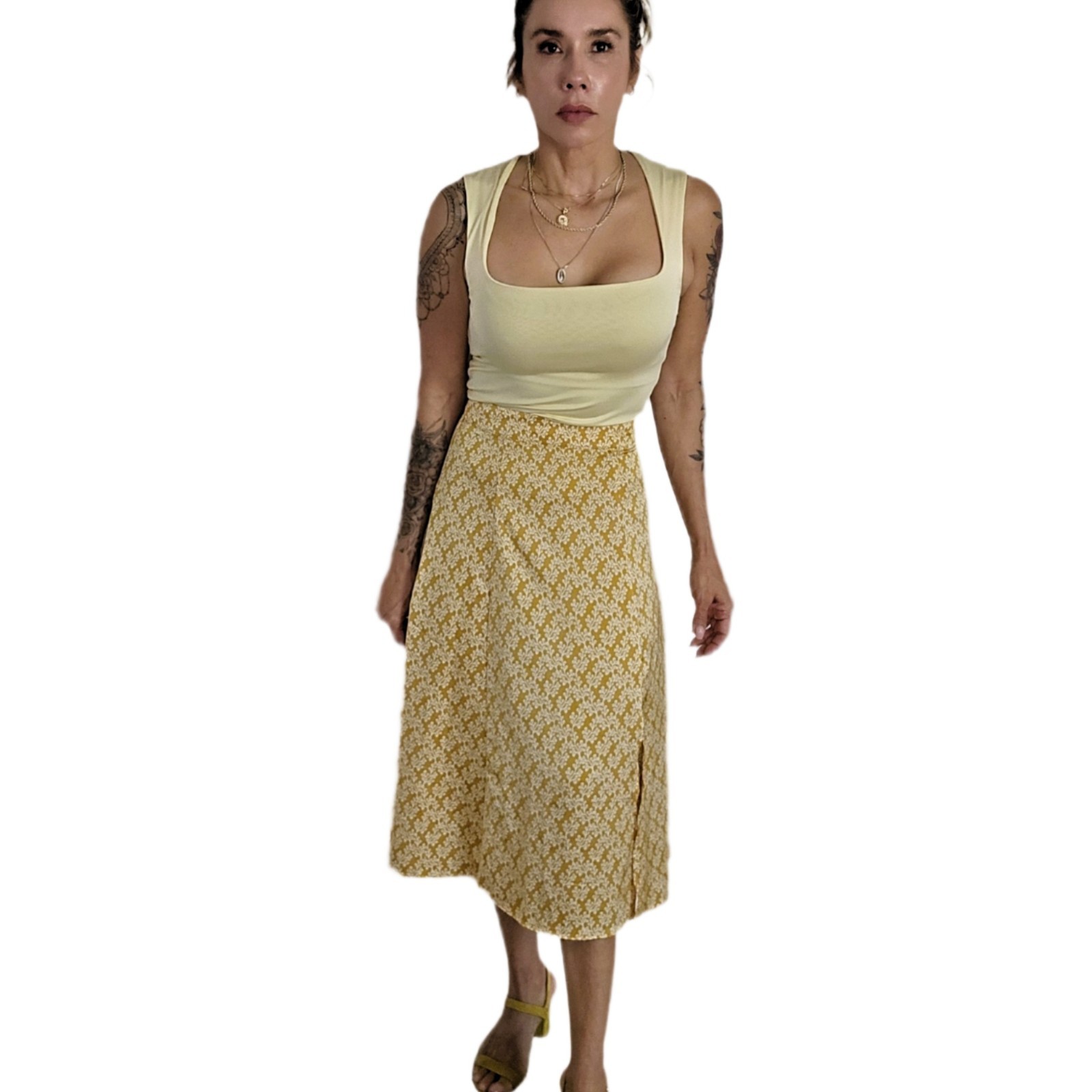 LOFT Gold Floral Satin Midi Skirt Size 0 A-Line Front Slit Yellow White Floral