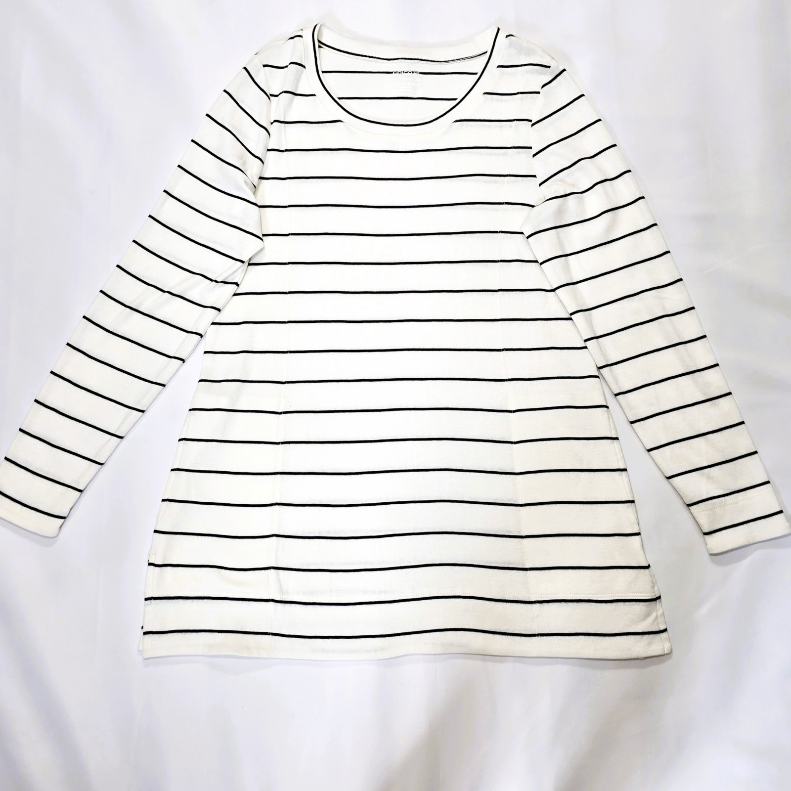 Chico’s Women’s White Black Striped Long Sleeve Tunic Top Pima Cotton Sz 1
