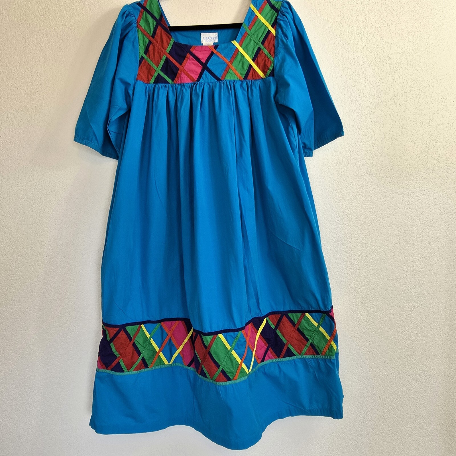 Vintage 1980s La Cera Blue Cotton Dress Size L – Embroidered Boho Midi