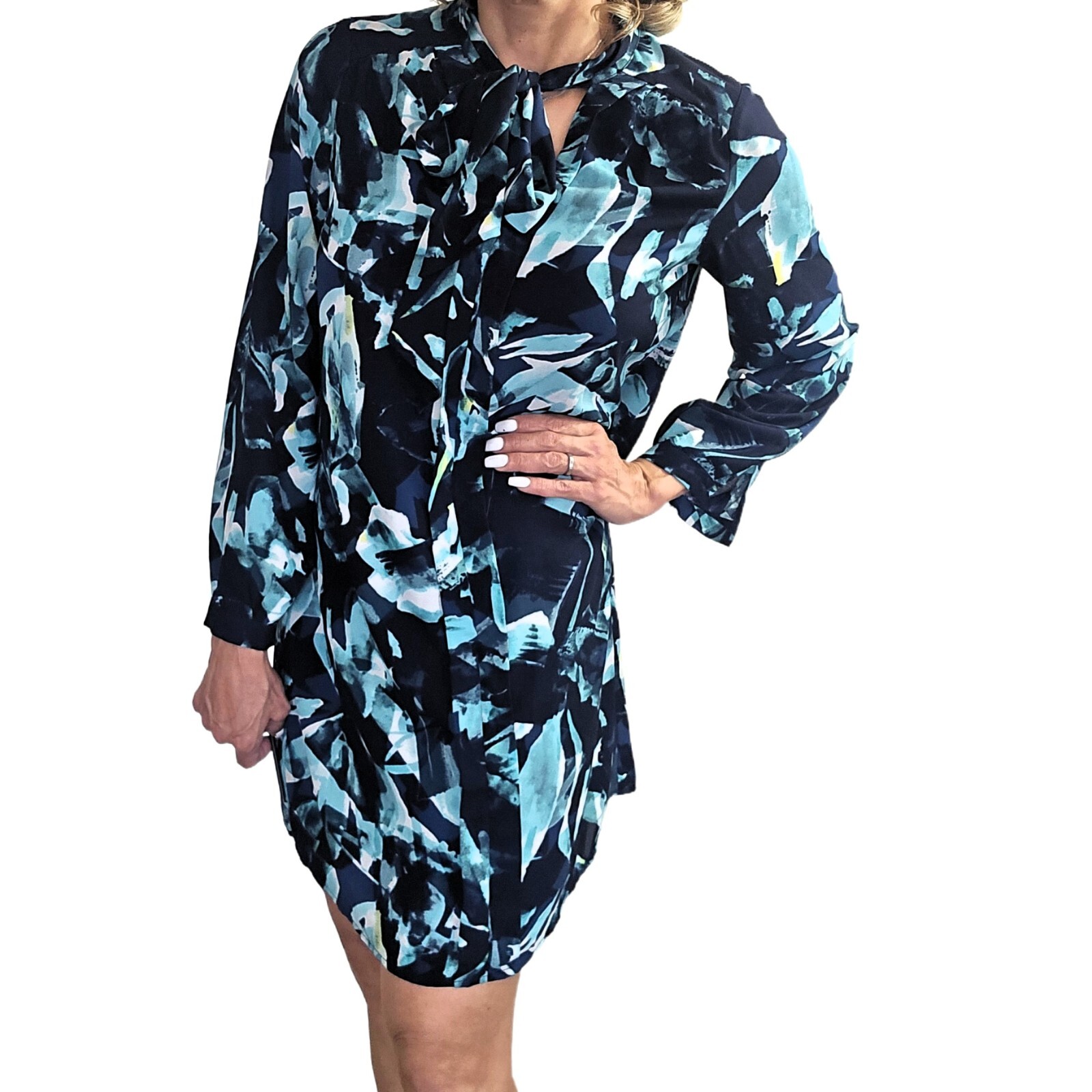 Cupio Tie Neck Abstract Dress Size S Long Sleeve Lined Blue Shift Style