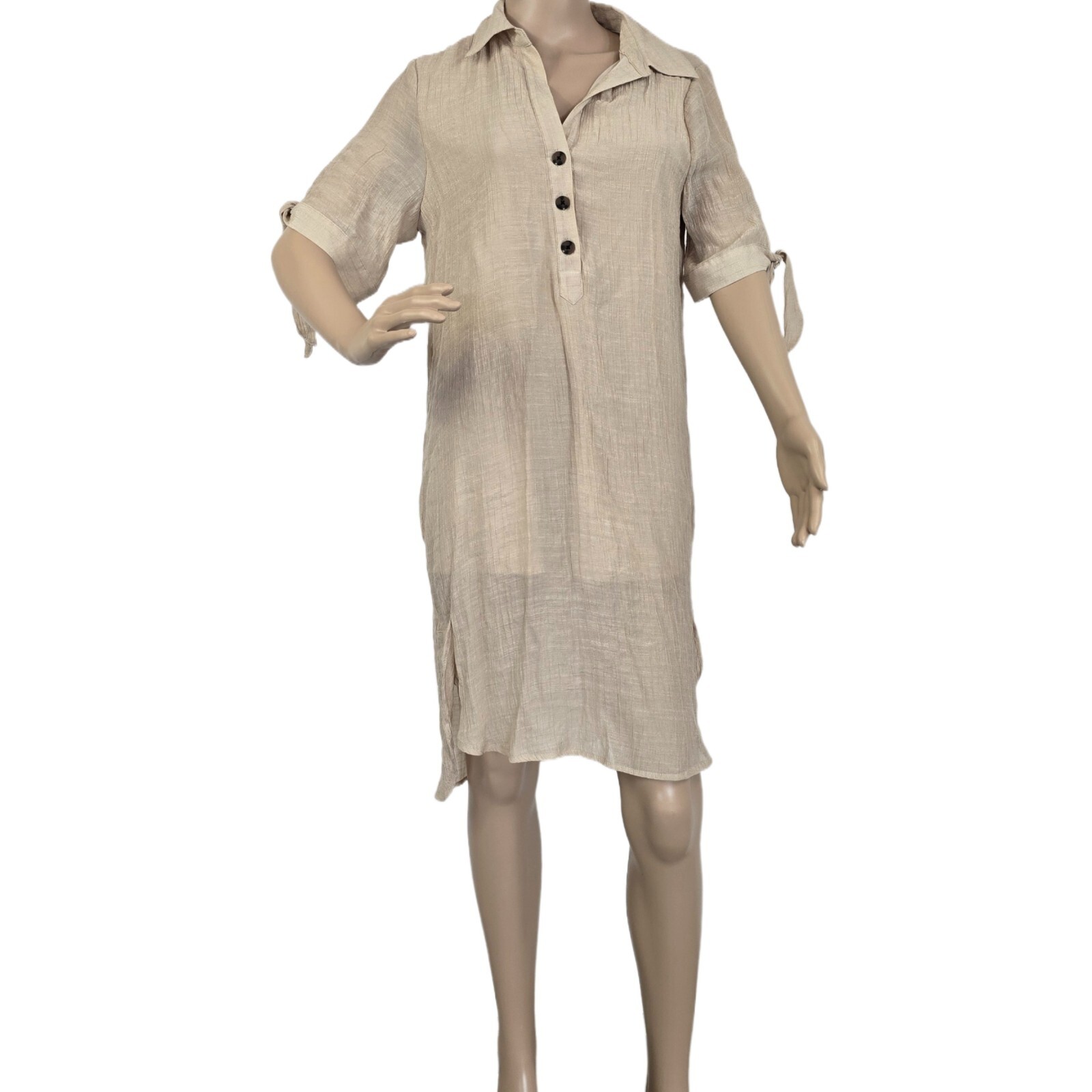 Indigo Rose Women's M Beige Shirt Dress Lined Button-Up Lightweight Boho