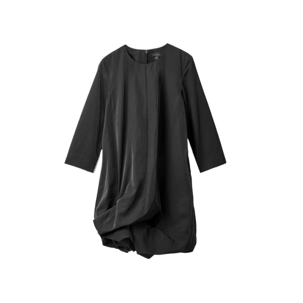 COS Women's Black Asymmetric Gathered Hem Long Sleeve Dress Size 8 Modal