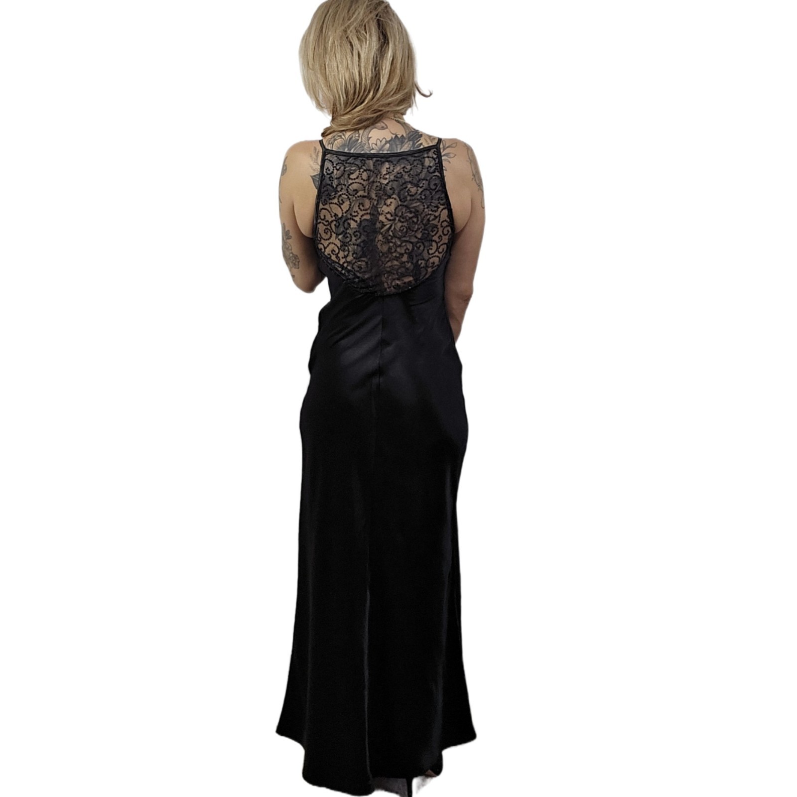 Roberta Vintage 1990s Black Satin Slip Dress Gown 5/6 Beaded Sheer Back