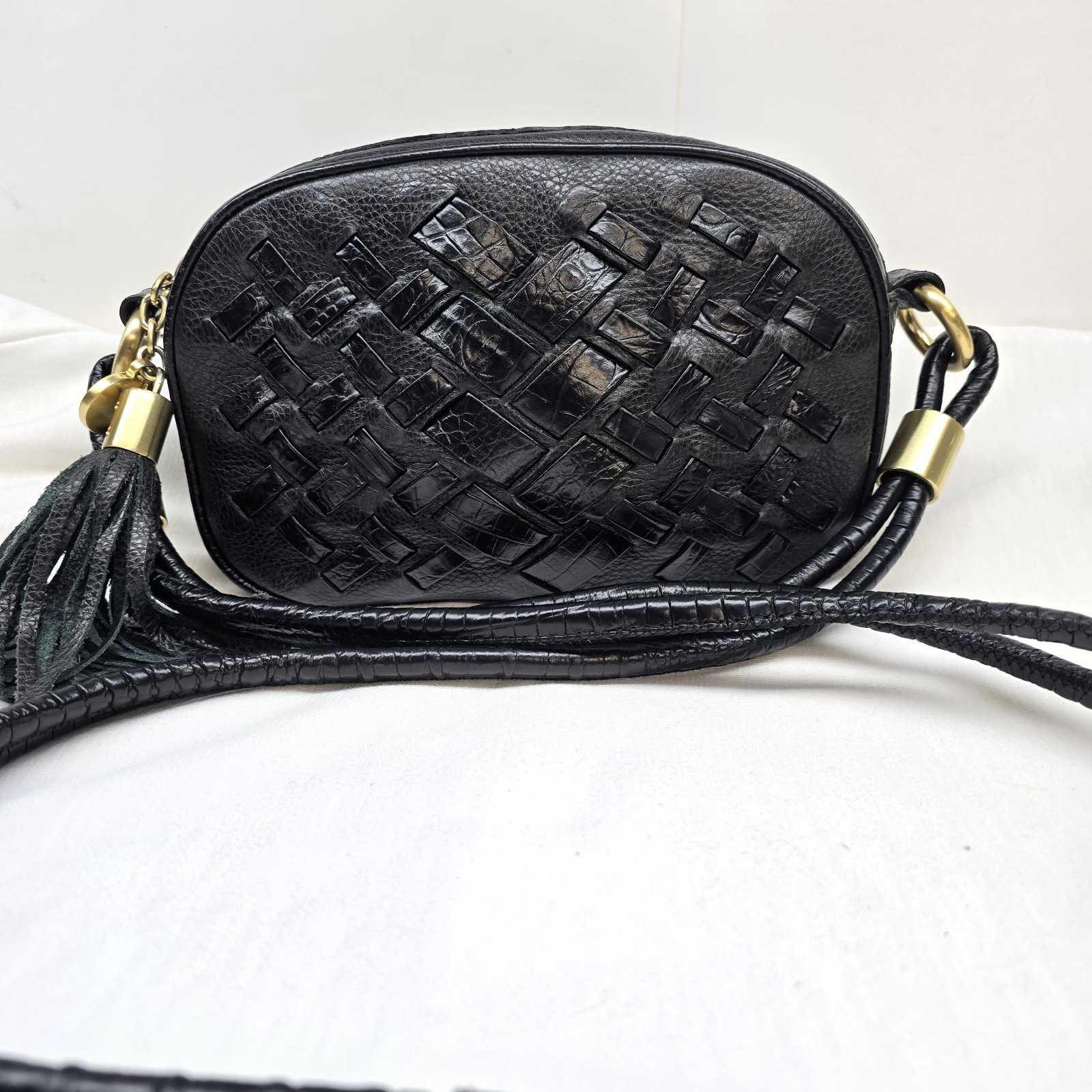 Brahmin Black Leather Multi-Texture Crossbody Bag, Gold Hardware, Key Clip