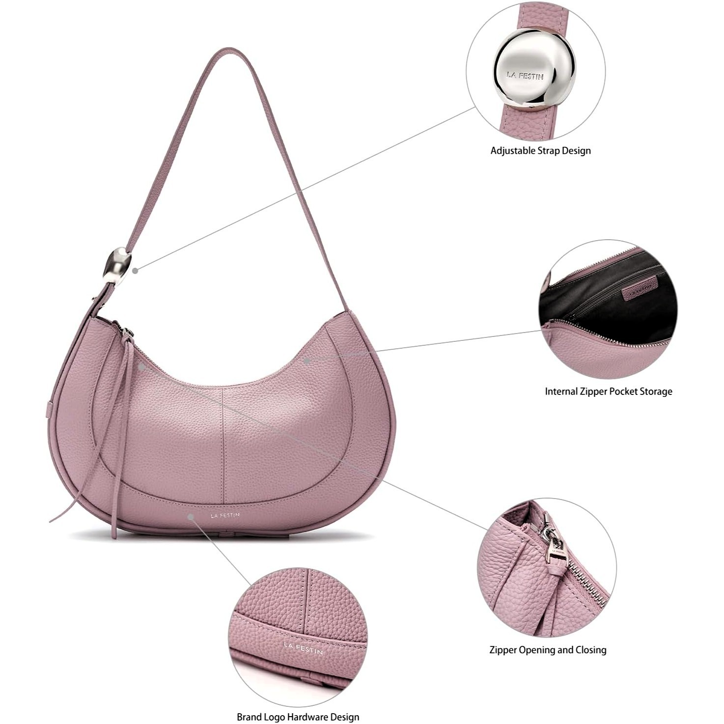 LAFESTIN Women’s Leather Crescent Crossbody Bag Powder Pink Hobo Purse