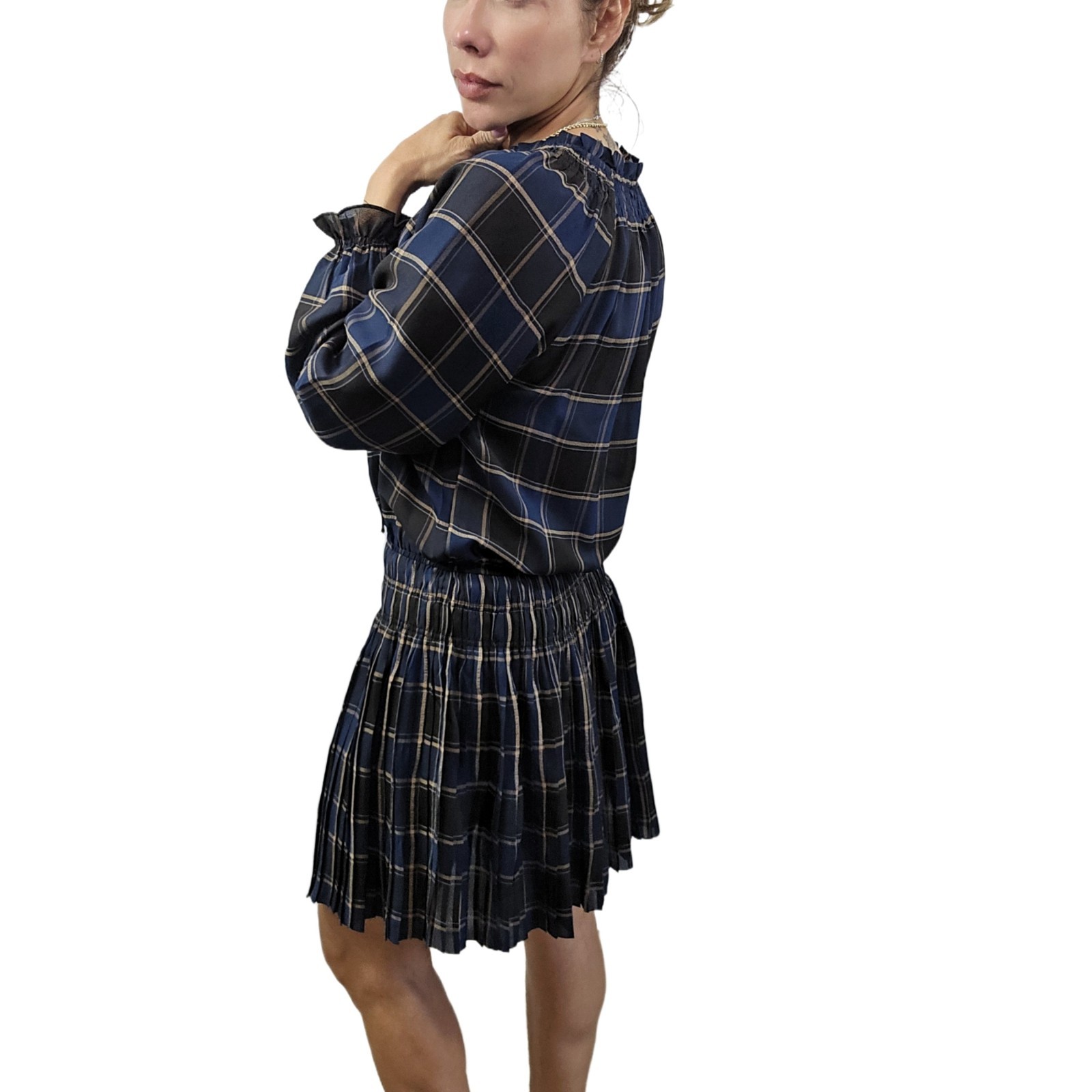 Current Air Black & Navy Plaid Ruffled Chiffon Mini Dress, Size S