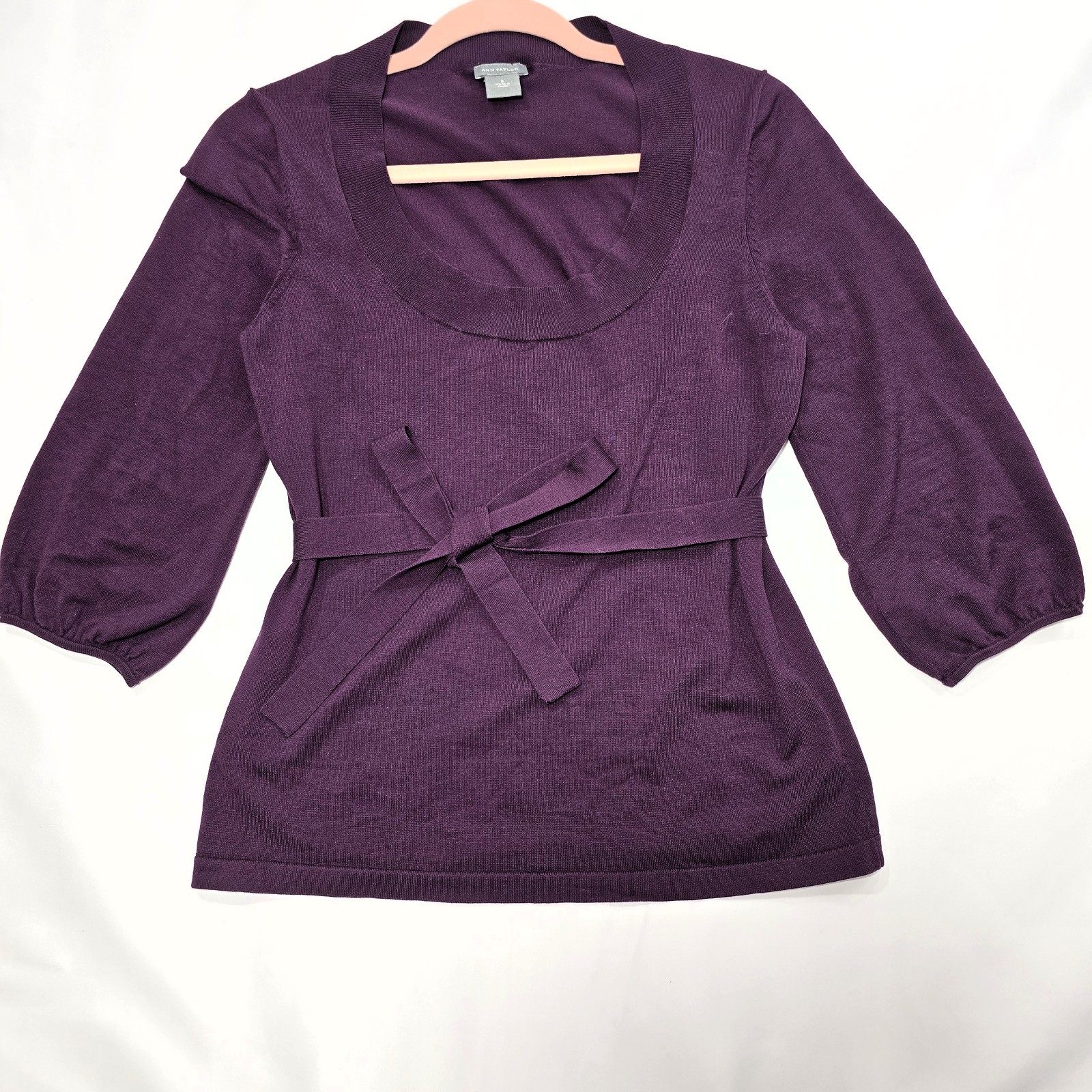 Ann Taylor Women’s Plum Sweater Belted Scoop Neck 3/4 Sleeve Size S