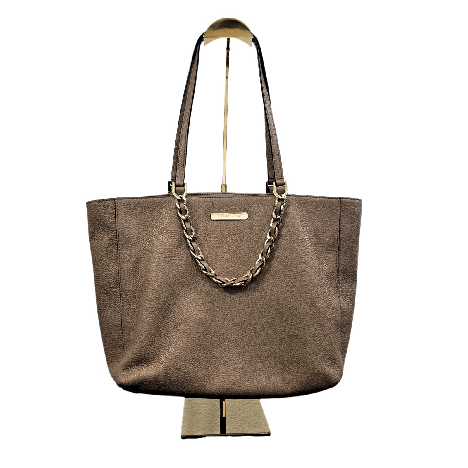 Michael Kors Harper Tote Large Khaki Shoulder Bag Leather Gold Chain MK