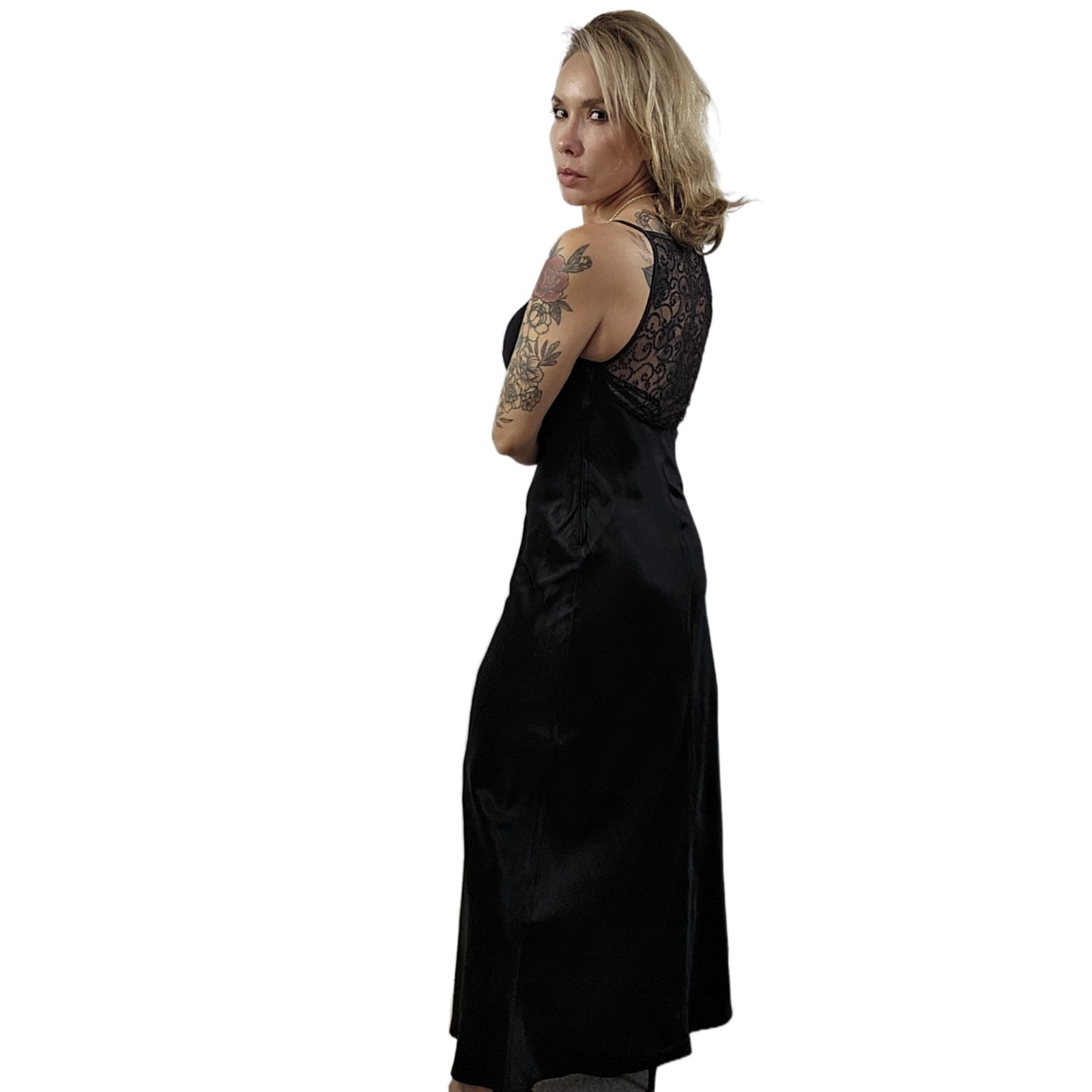 Roberta Vintage 1990s Black Satin Slip Dress Gown 5/6 Beaded Sheer Back