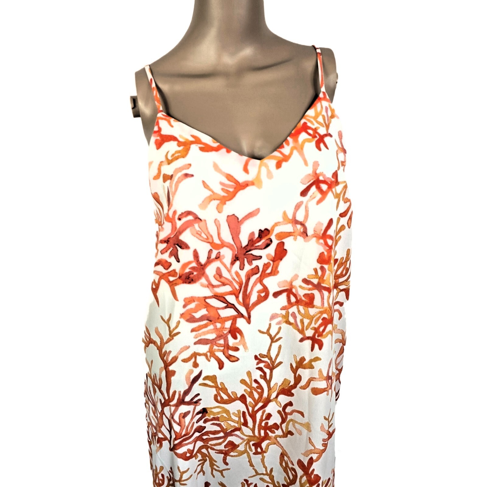 C&E Women's S Maxi Summer Dress Coral Print White Slit Lined Lightweight