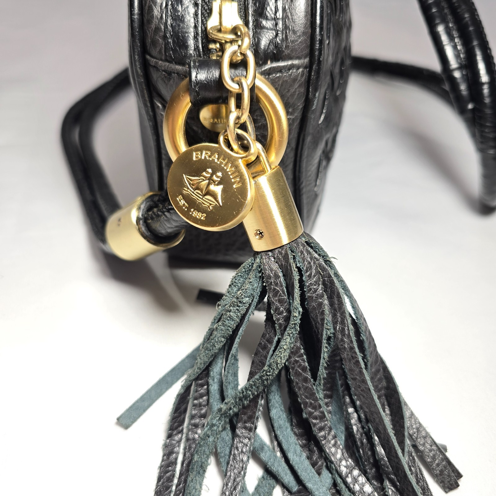 Brahmin Black Leather Multi-Texture Crossbody Bag, Gold Hardware, Key Clip
