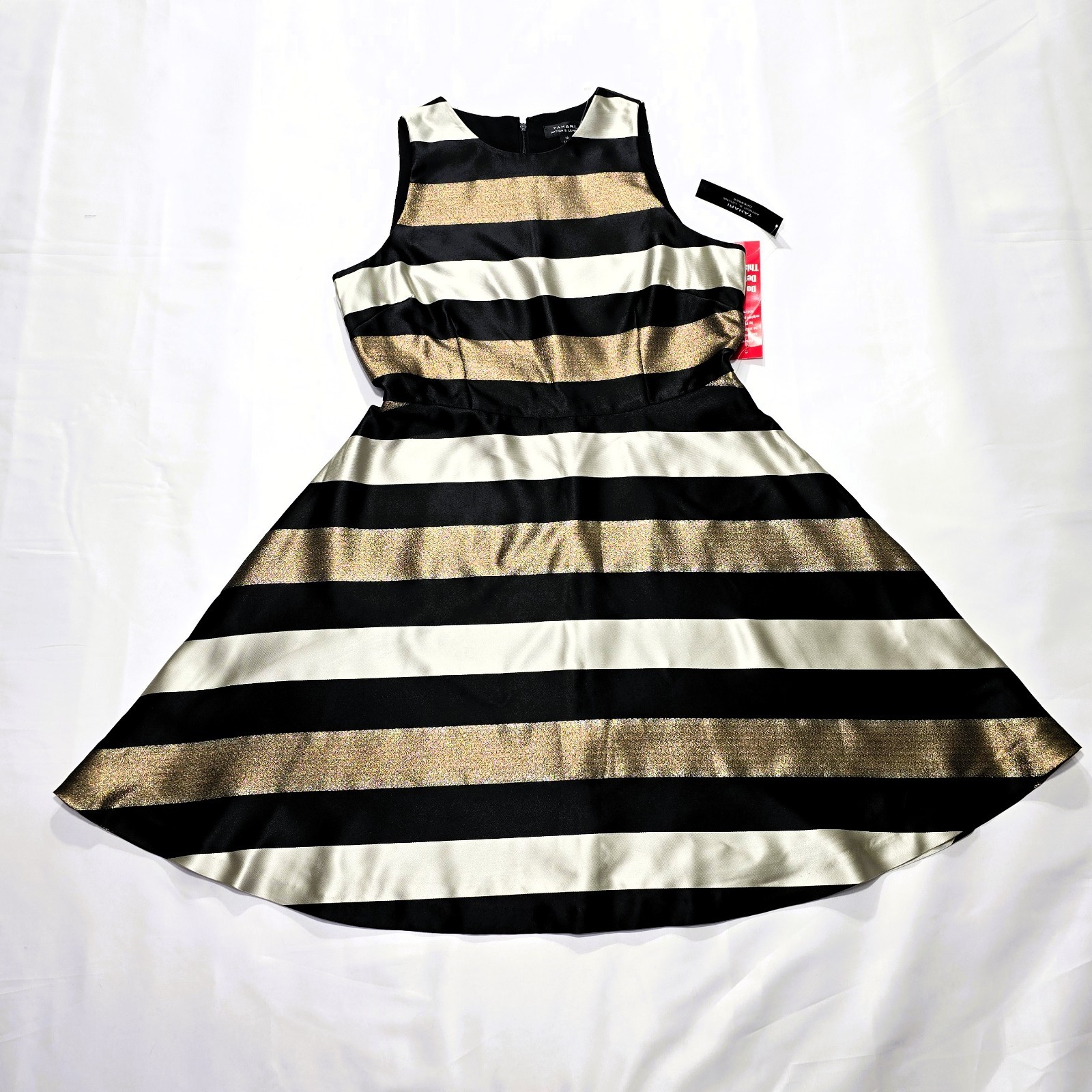 NWT TAHARI Women’s Sleeveless Striped Gold Black Fit & Flare Dress Sz 10