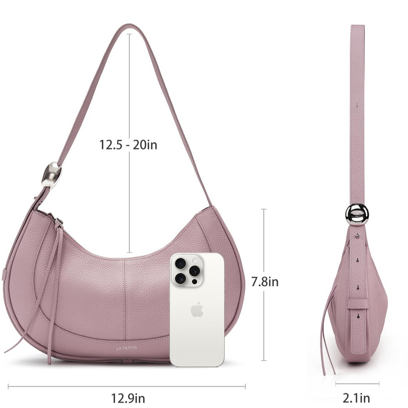 LAFESTIN Women’s Leather Crescent Crossbody Bag Powder Pink Hobo Purse