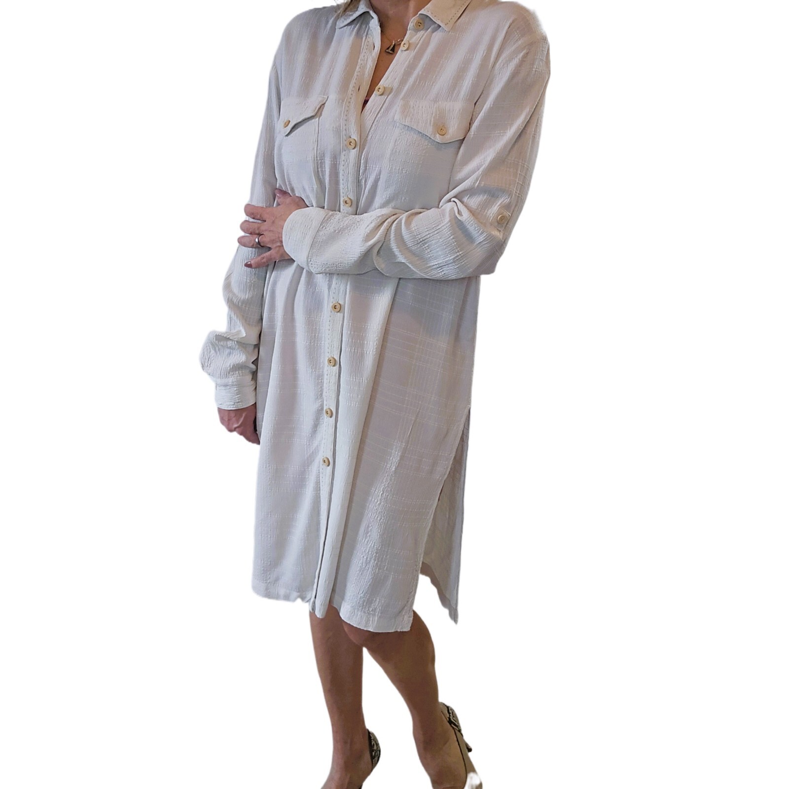 Free People Ivory Button-Down Oversized Maxi Shirt Dress – Size S